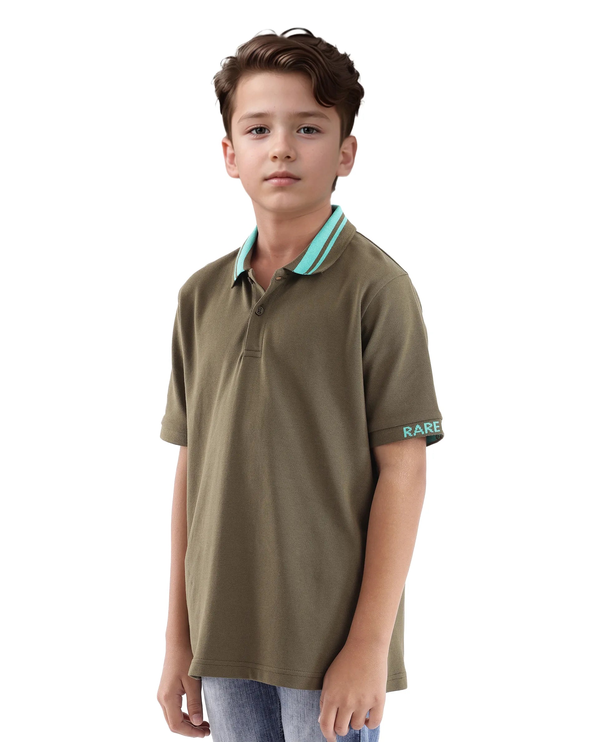 Rare Ones Kids Keef Olive Cotton Fabric Short Sleeve Contrasting Collar Solid Polo