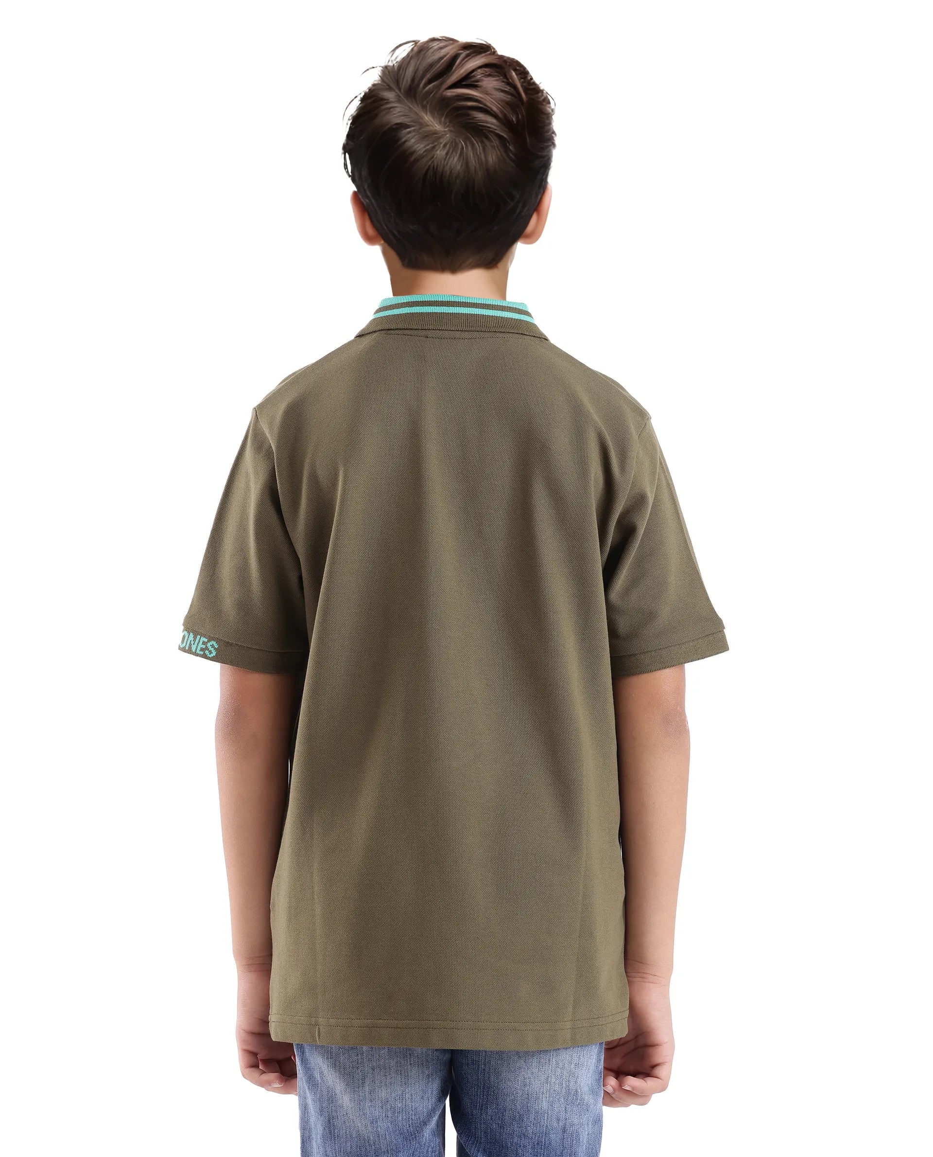 Rare Ones Kids Keef Olive Cotton Fabric Short Sleeve Contrasting Collar Solid Polo
