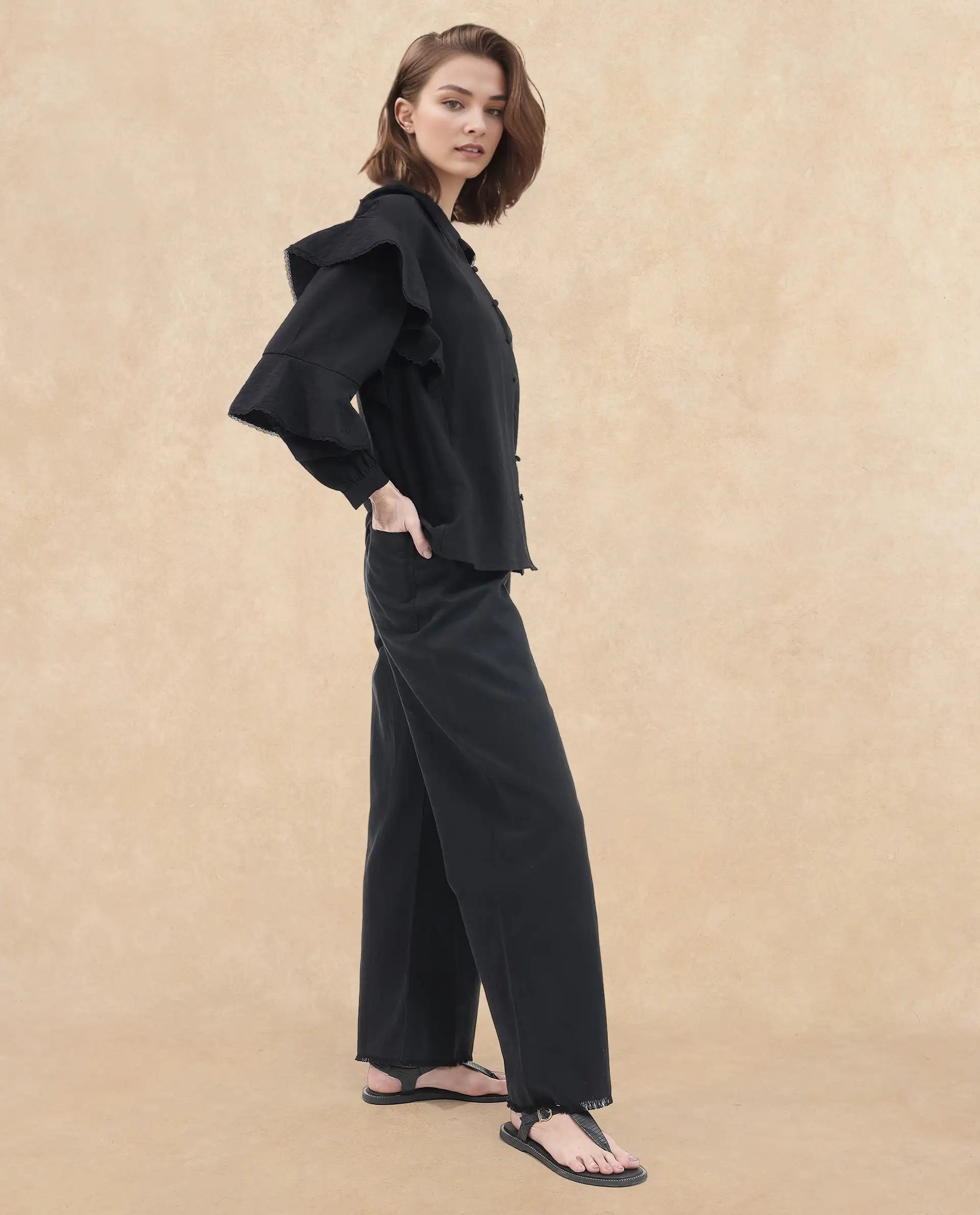 Rareism Women's Kei-T Black Nylon Blend Peter Pan Collar Plain Bishop Sleeve Relaxed Fit Top