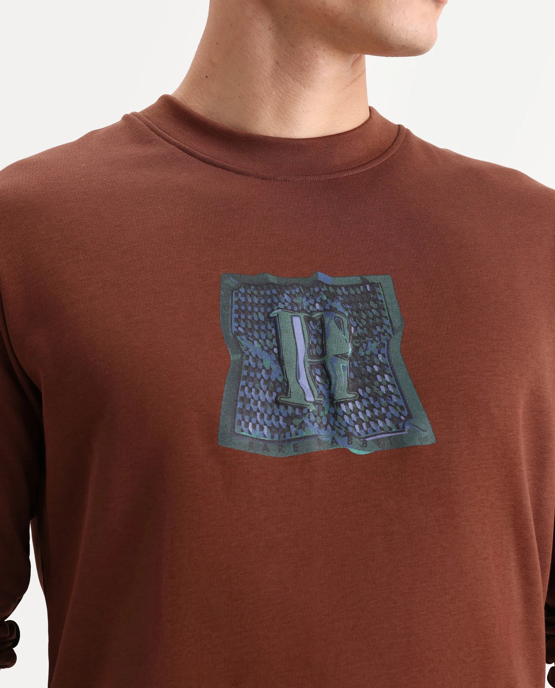 Rare Rabbit Men's Kel Dark Brown Cotton Blend Graphic Print Regular Fit Full Sleeve Crew Neck Sweatshirt