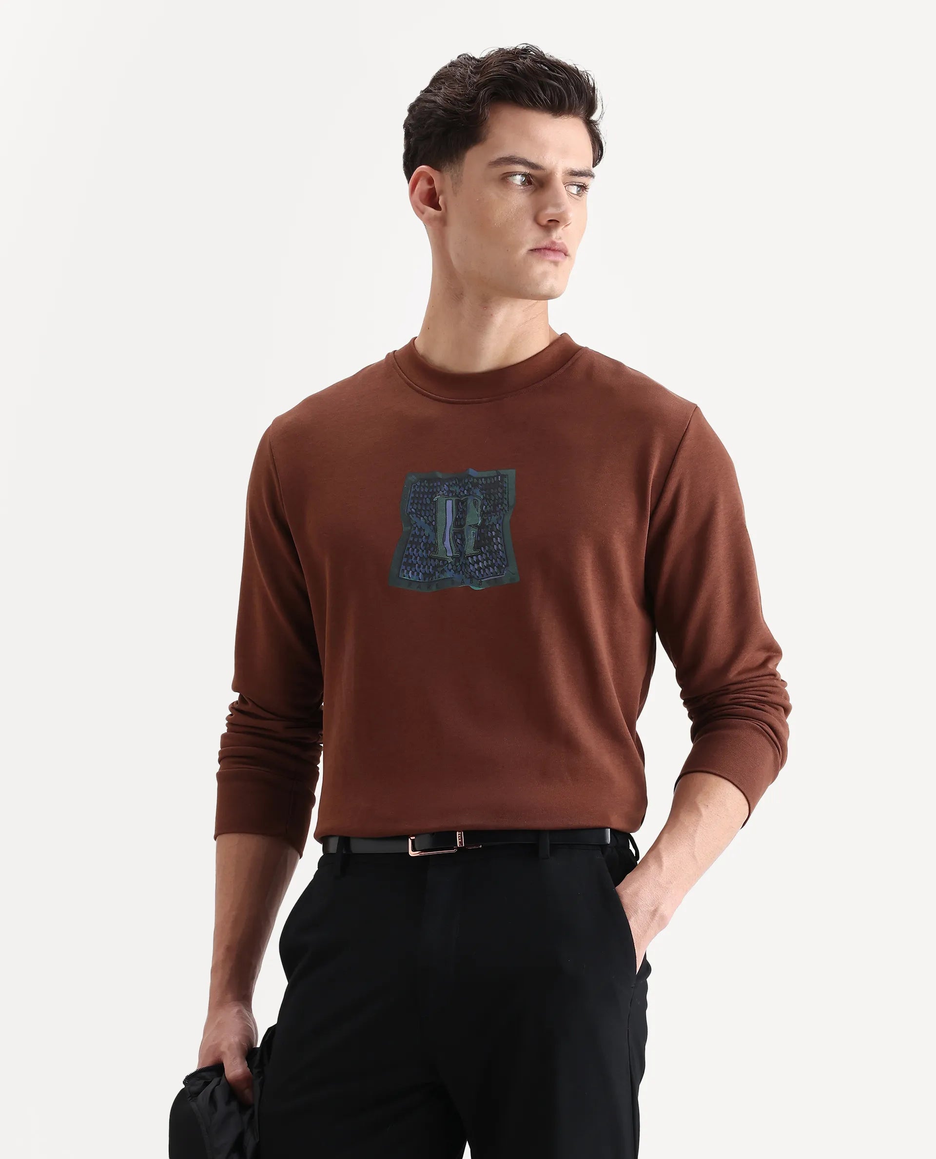 Rare Rabbit Men's Kel Dark Brown Cotton Blend Graphic Print Regular Fit Full Sleeve Crew Neck Sweatshirt