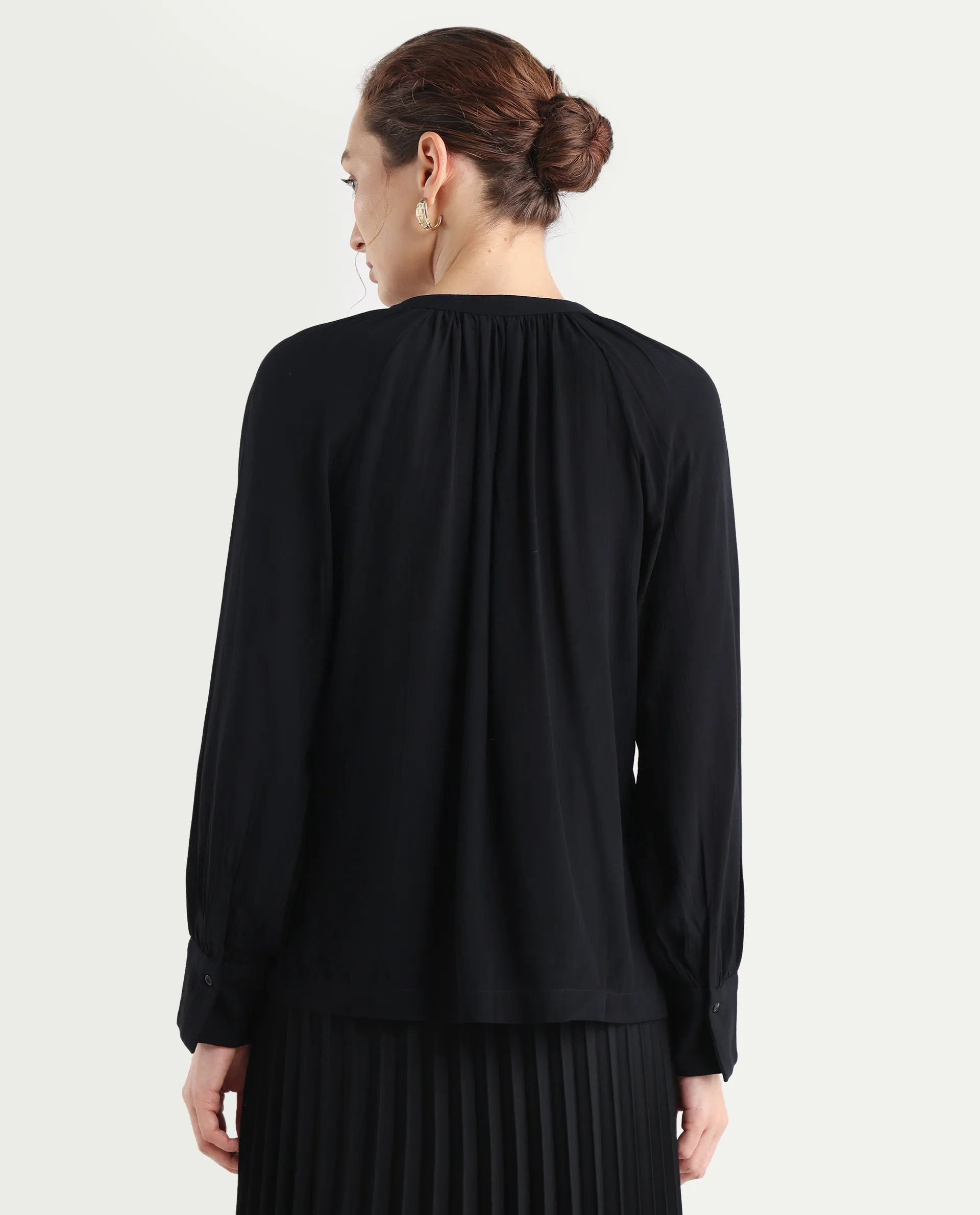 Rareism Women's Kella Black Mandarin Collar Plain Raglan Sleeve Regular Fit Top