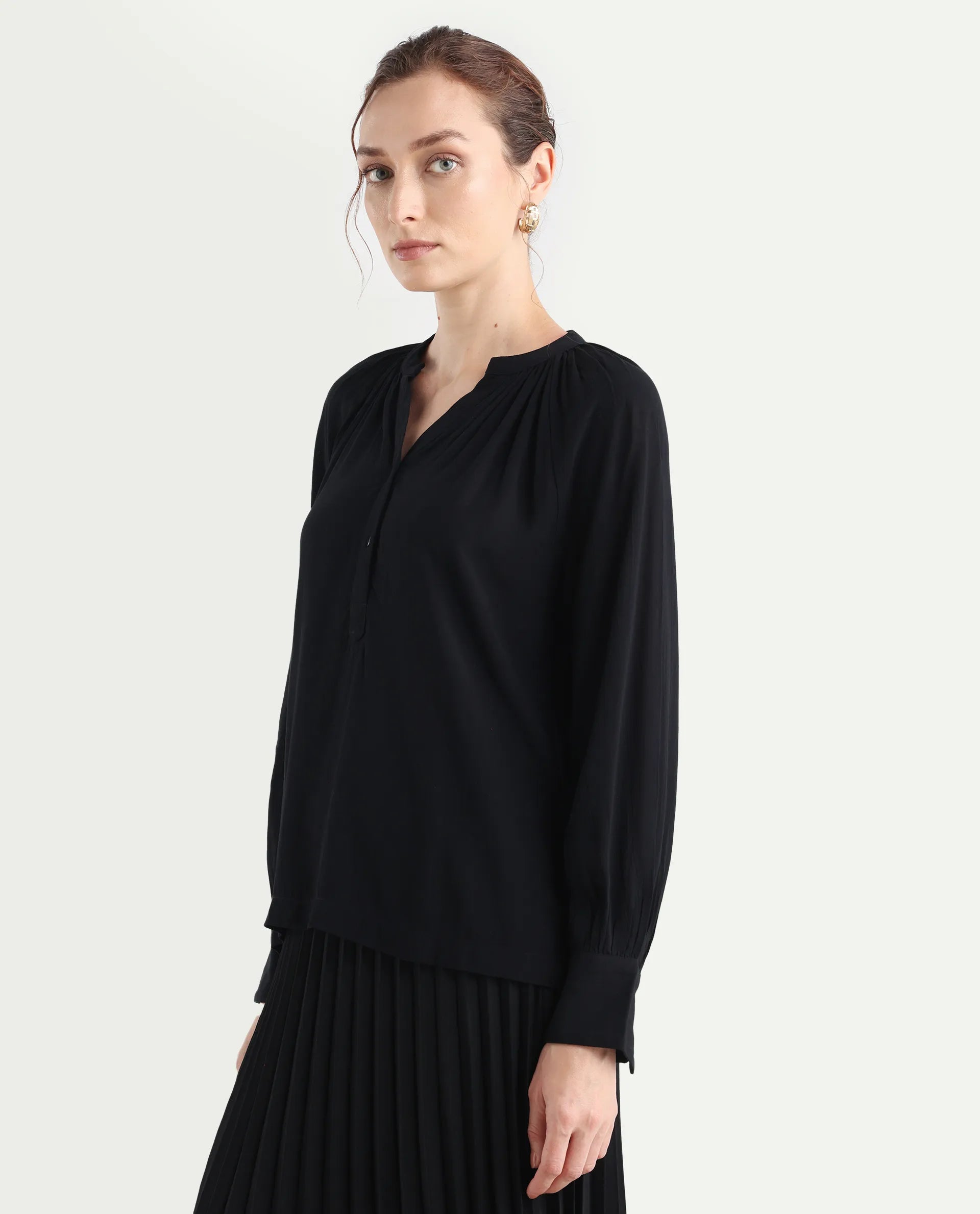 Rareism Women's Kella Black Mandarin Collar Plain Raglan Sleeve Regular Fit Top