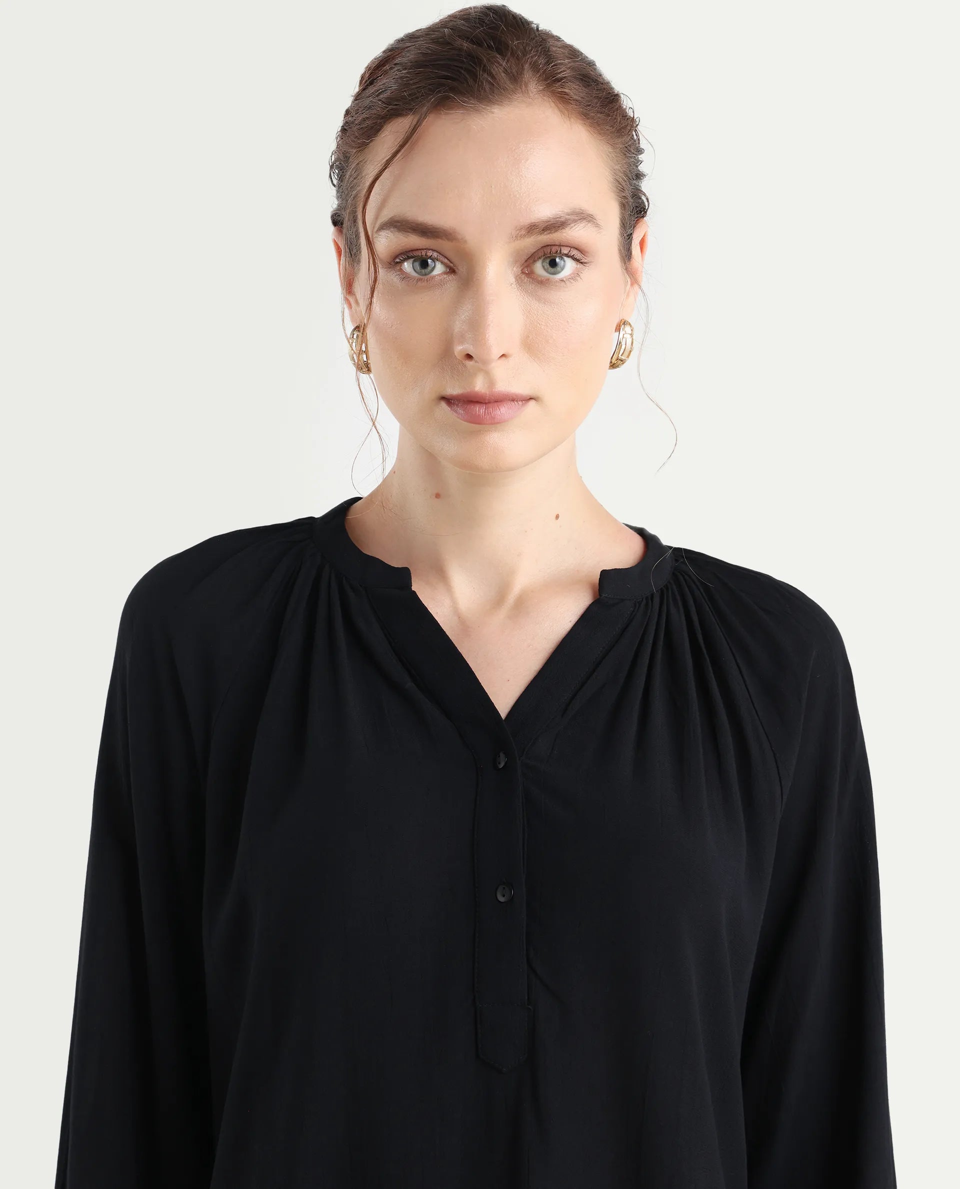 Rareism Women's Kella Black Mandarin Collar Plain Raglan Sleeve Regular Fit Top