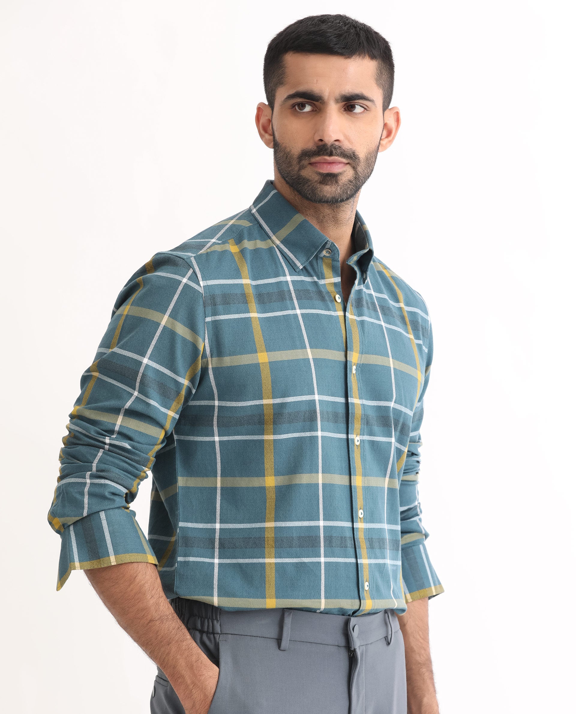 Rare Rabbit Men's Keller Navy Cotton Fabric Full Sleeves Checks Shirt