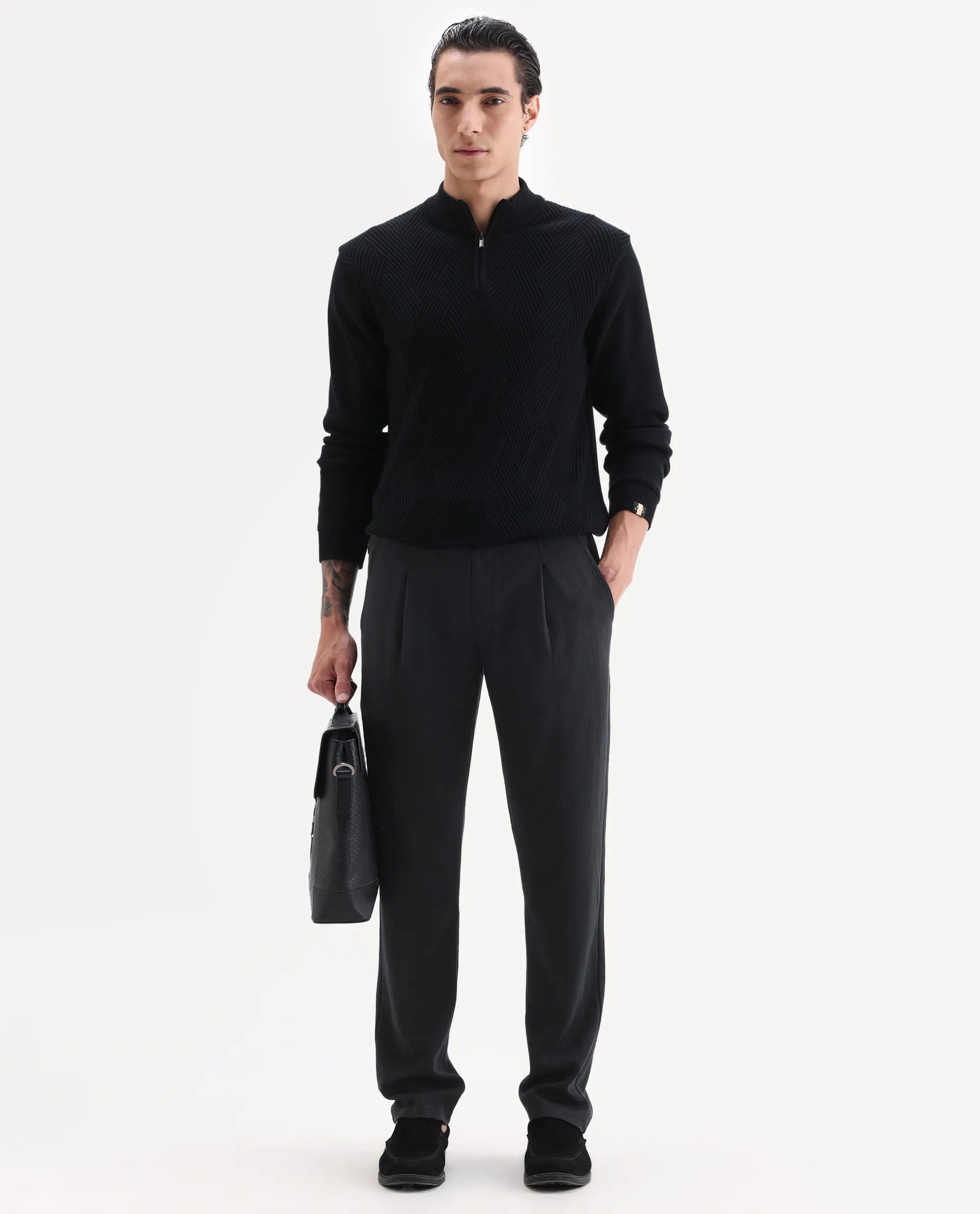 Rare Rabbit Men's Kelo Black Cotton Blend Plain Regular Fit Trouser