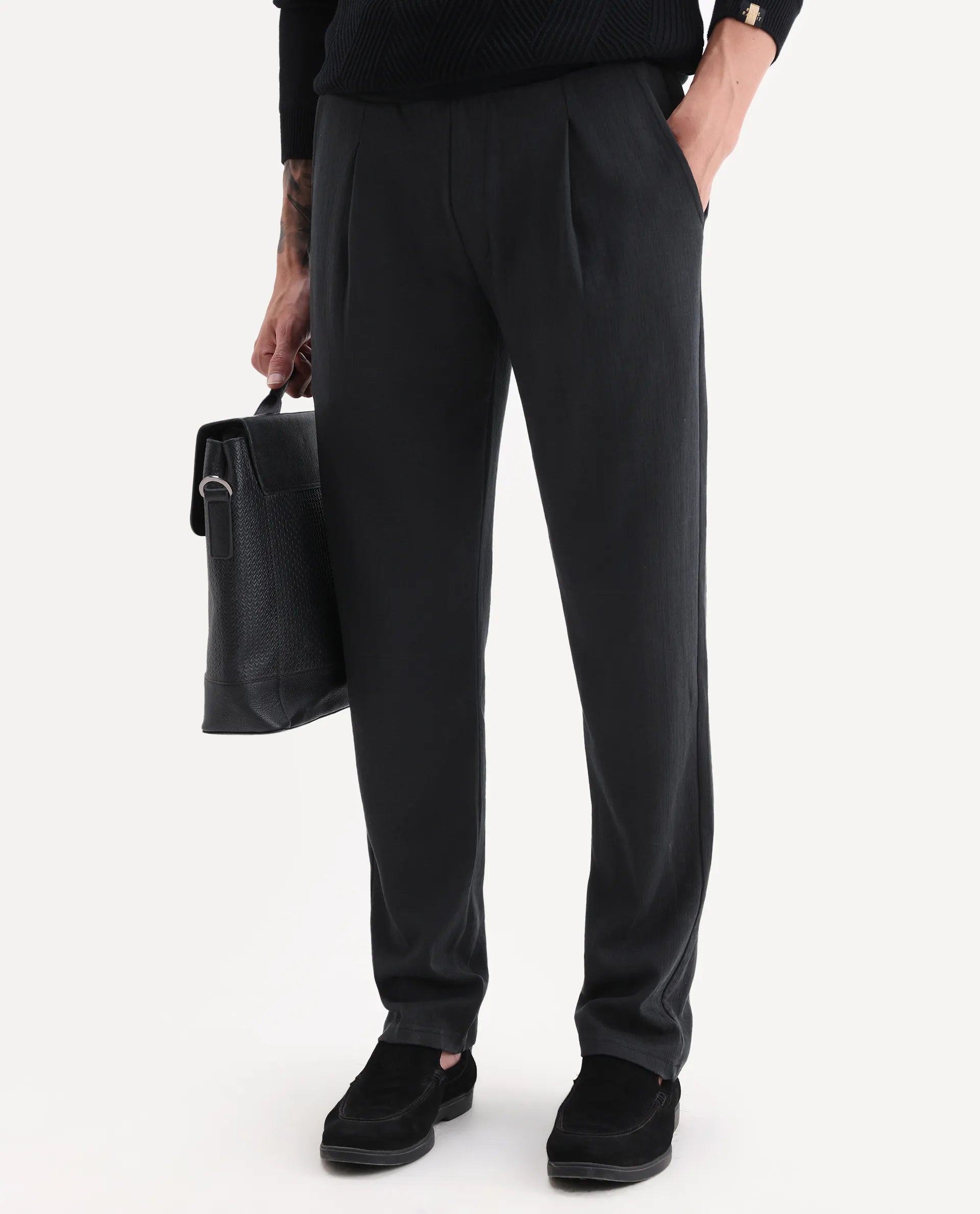 Rare Rabbit Men's Kelo Black Cotton Blend Plain Regular Fit Trouser