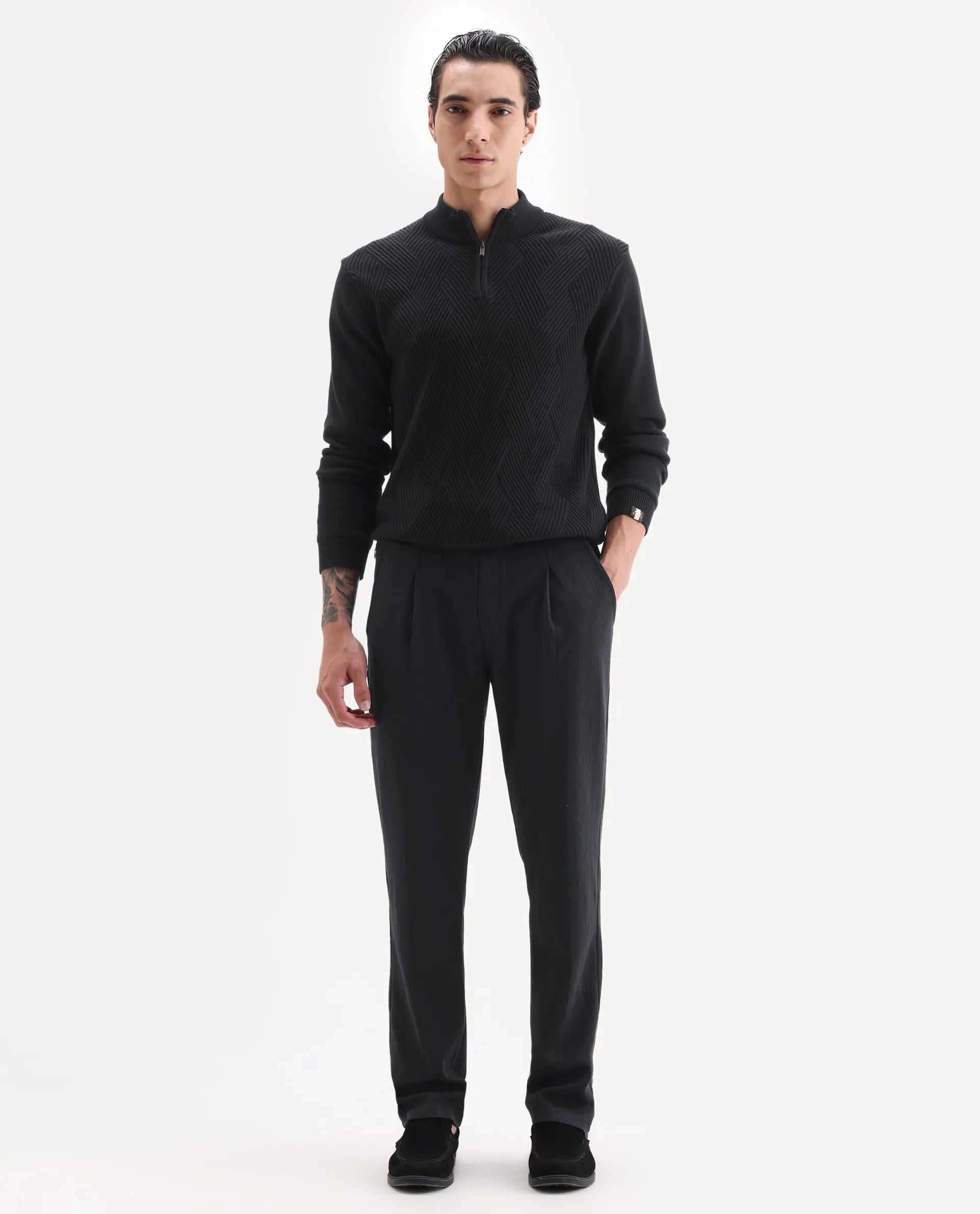 Rare Rabbit Men's Kelo Black Cotton Blend Plain Regular Fit Trouser