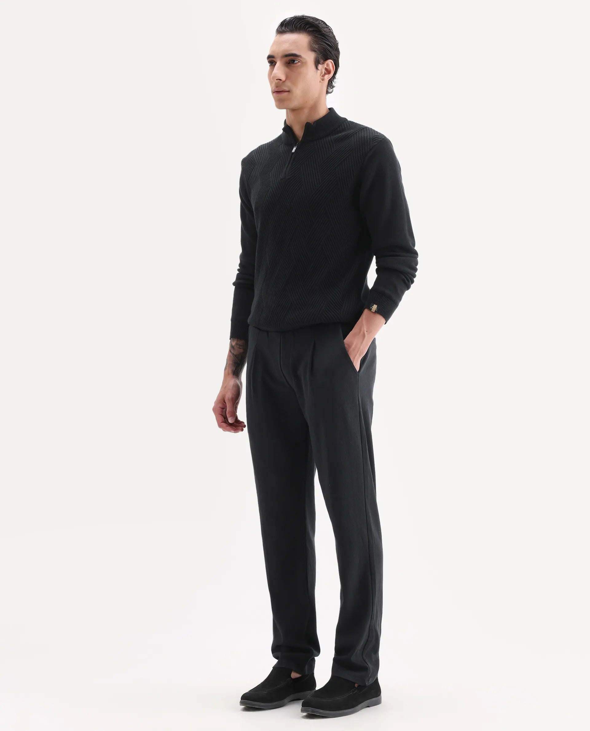 Rare Rabbit Men's Kelo Black Cotton Blend Plain Regular Fit Trouser