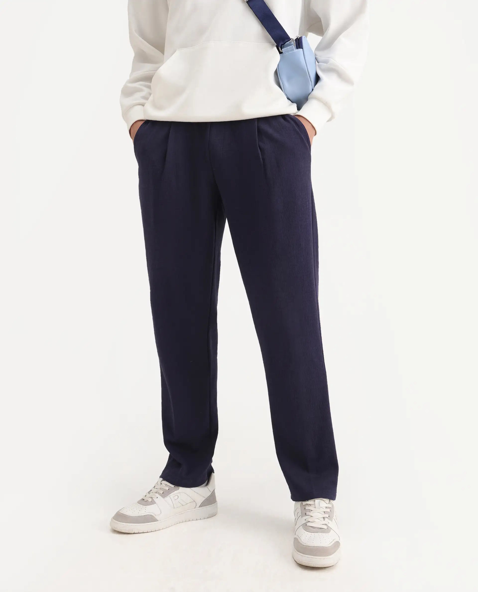 Rare Rabbit Men's Kelo Dark Purple Cotton Blend Plain Regular Fit Trouser