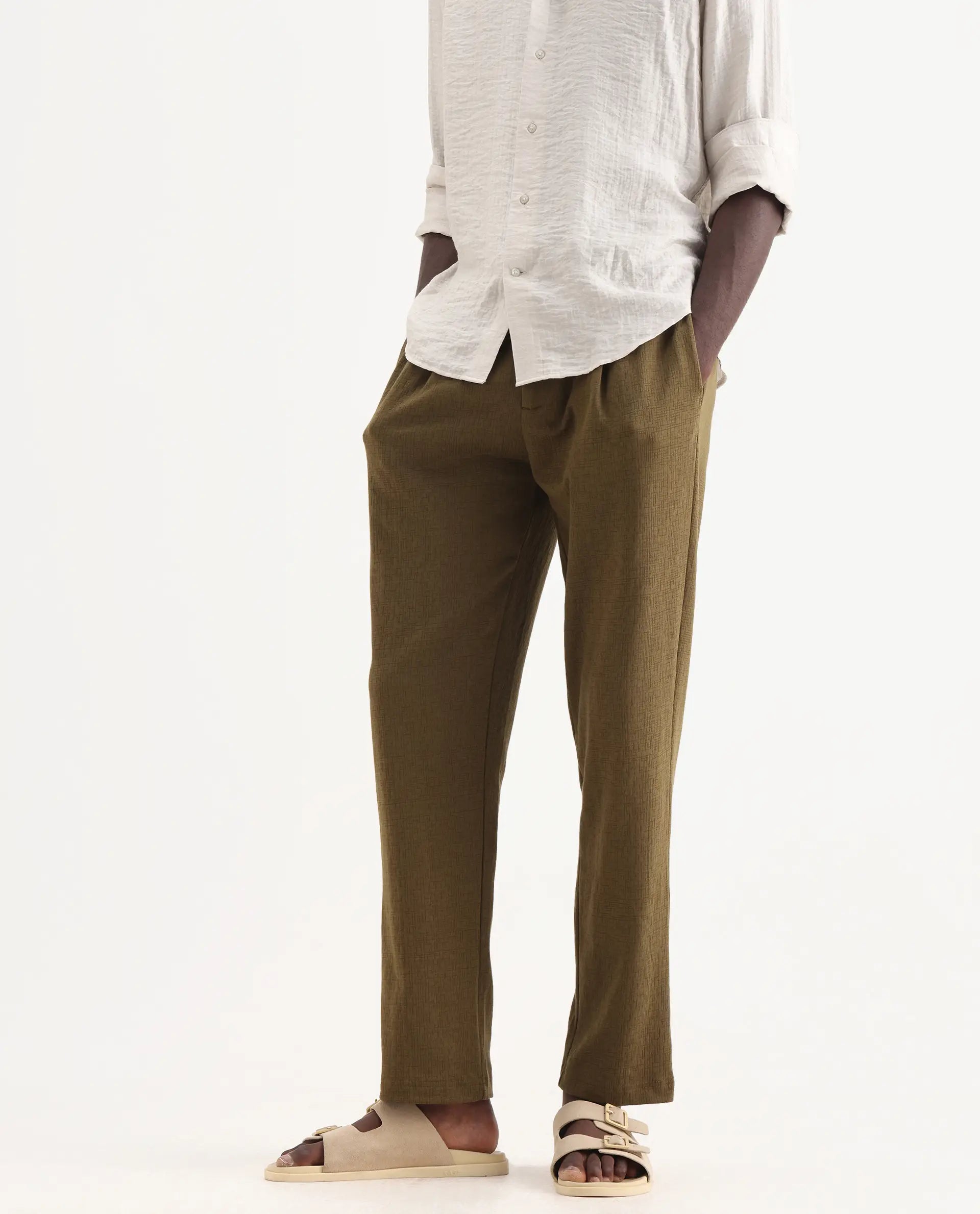 Rare Rabbit Men's Keloe Olive Cotton Blend Plain Relaxed Fit Trouser