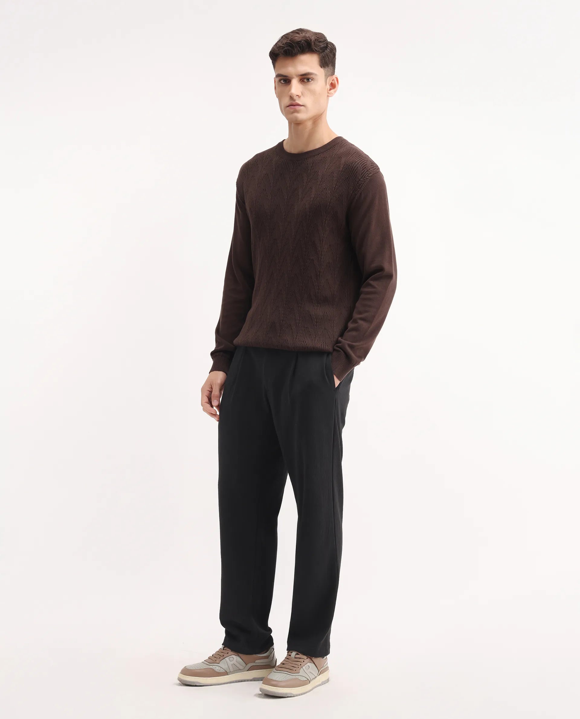 Rare Rabbit Men's Keloe Black Cotton Blend Plain Relaxed Fit Trouser