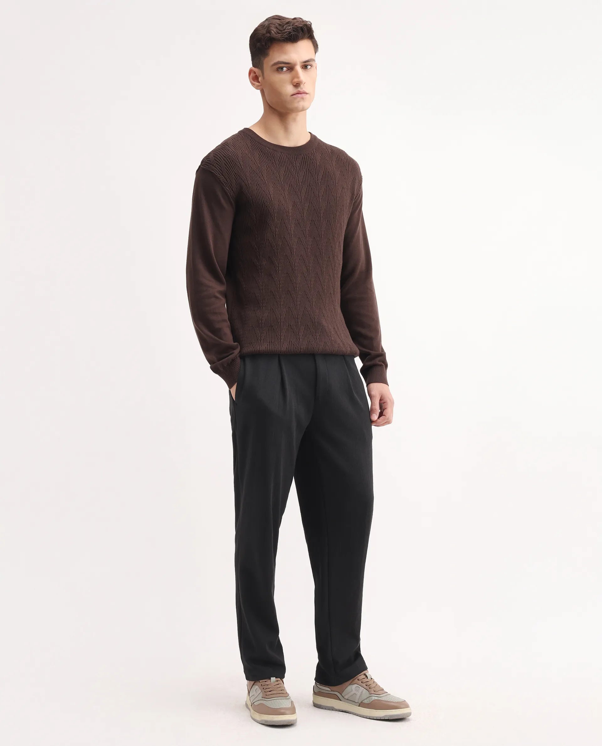 Rare Rabbit Men's Keloe Black Cotton Blend Plain Relaxed Fit Trouser