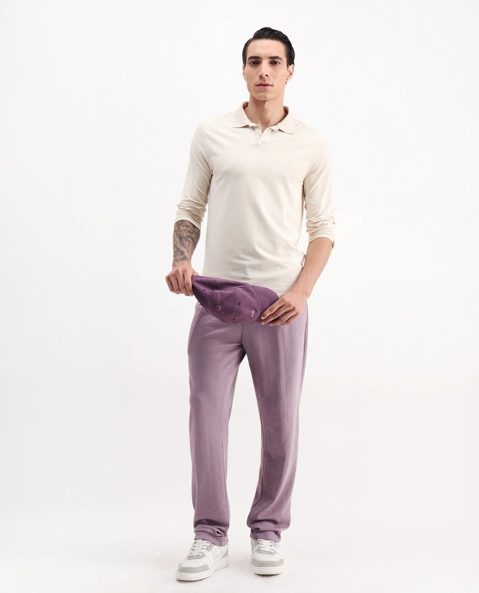 Rare Rabbit Men's Keloe Dusky Purple Cotton Blend Plain Relaxed Fit Trouser