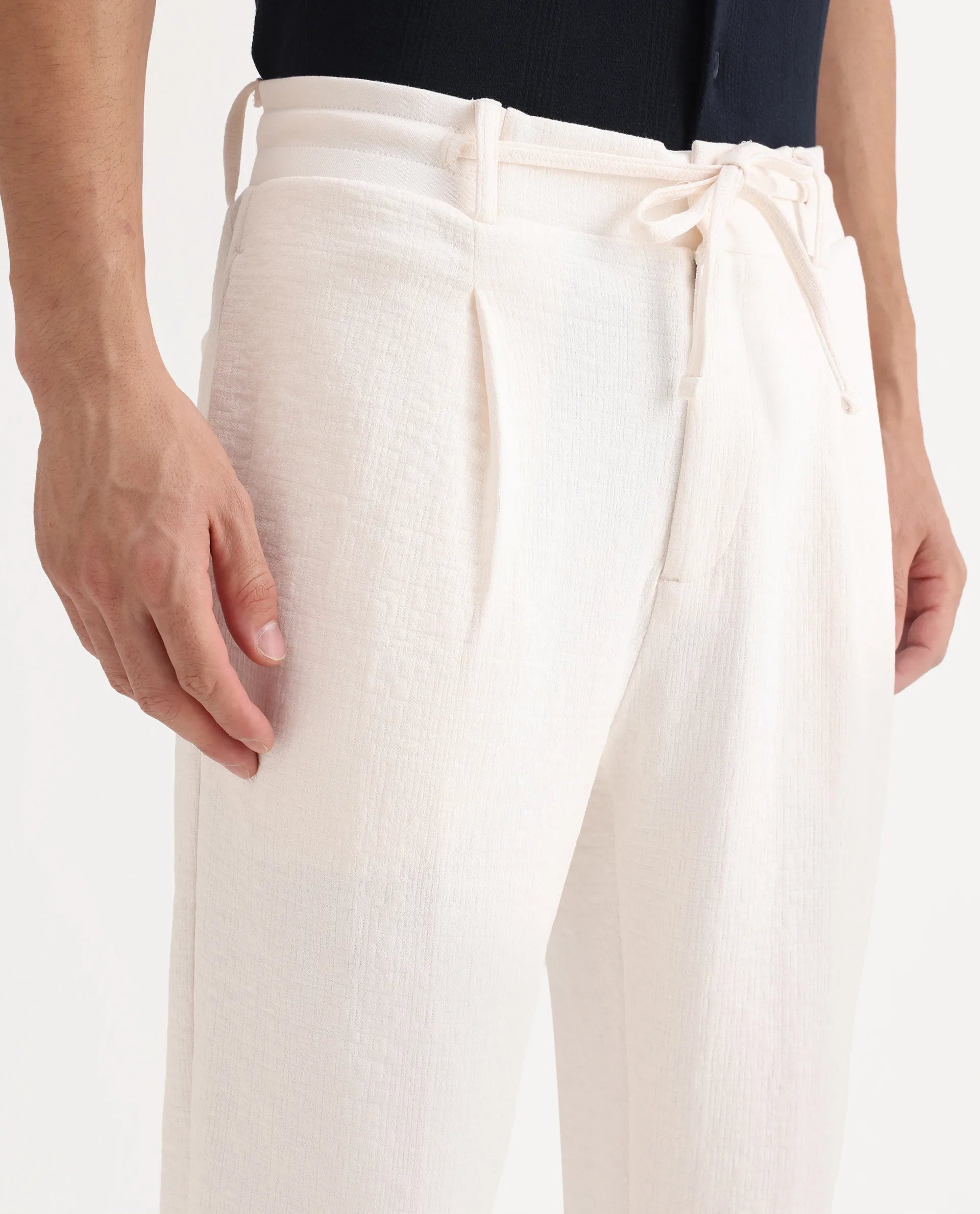 Rare Rabbit Men's Keloe Off White Cotton Blend Plain Relaxed Fit Trouser