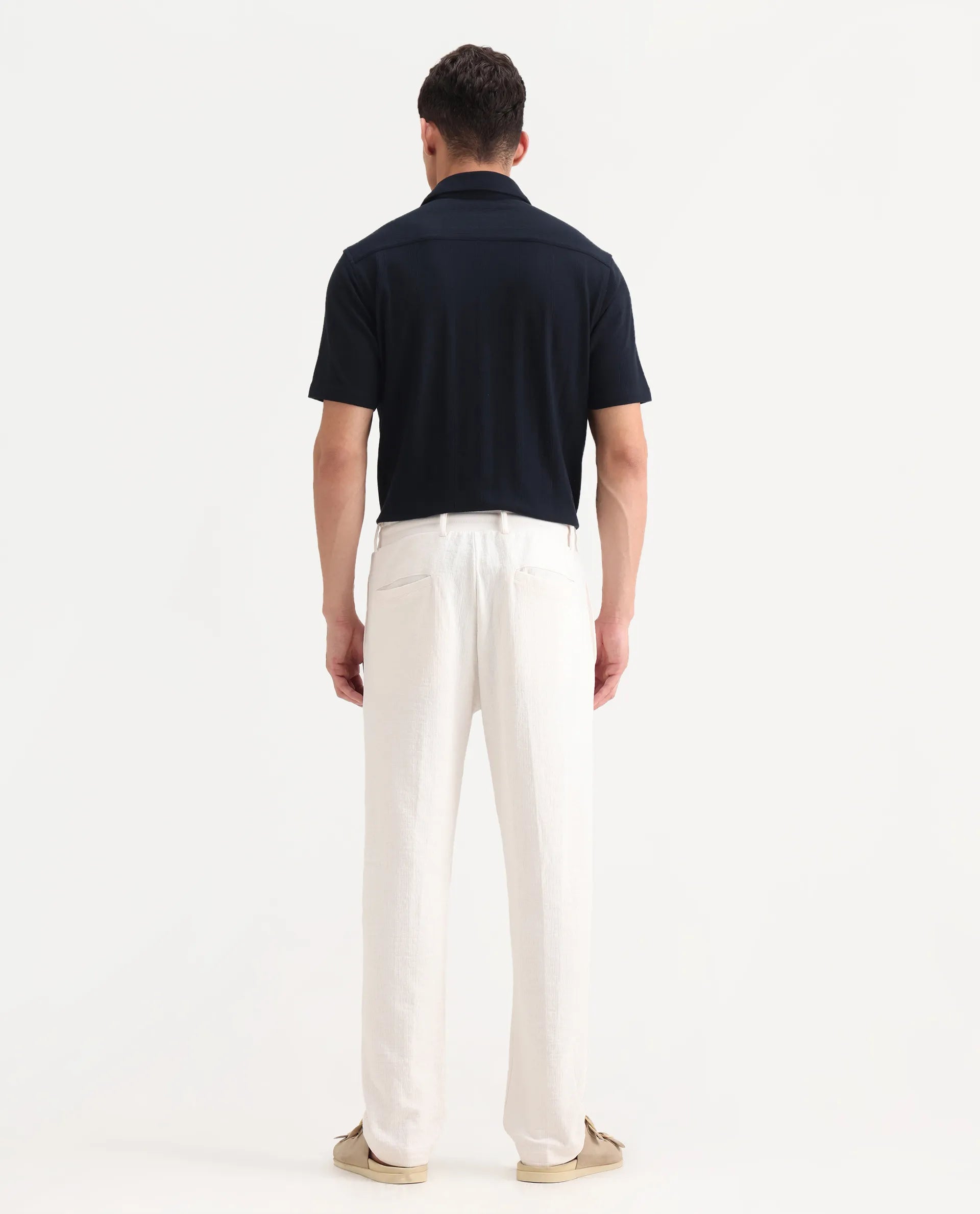 Rare Rabbit Men's Keloe Off White Cotton Blend Plain Relaxed Fit Trouser