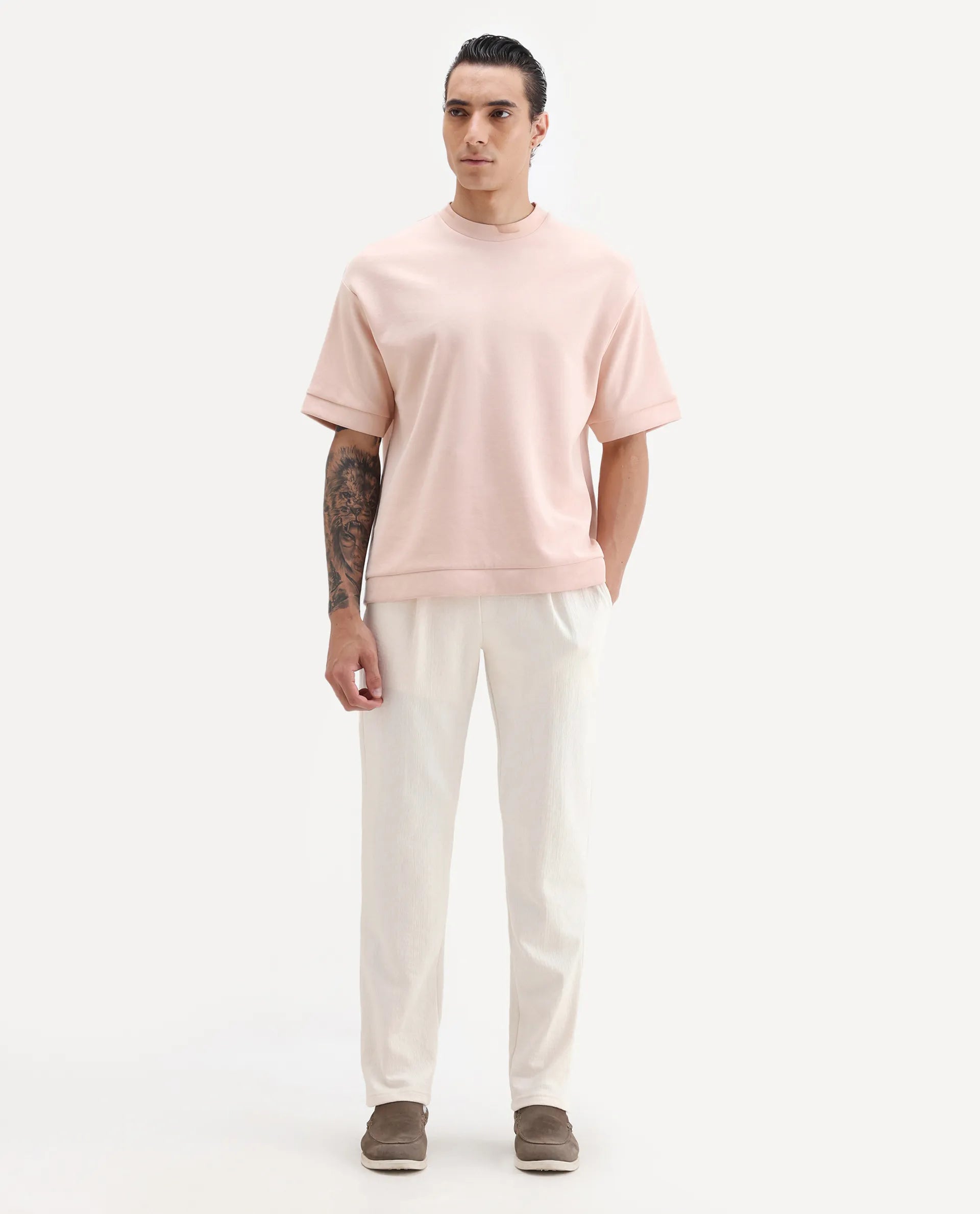 Rare Rabbit Men's Kelo Off White Cotton Blend Plain Regular Fit Trouser