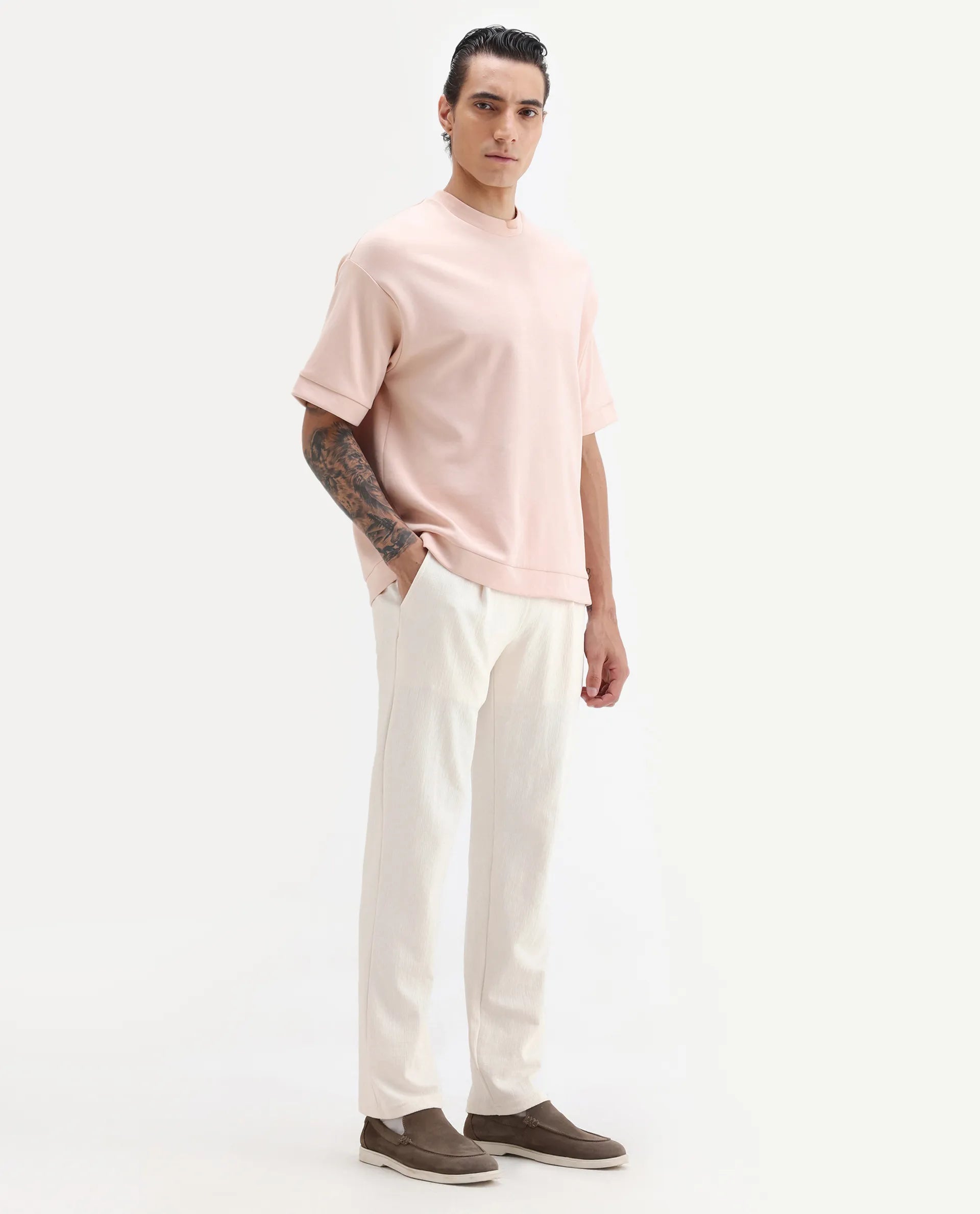 Rare Rabbit Men's Kelo Off White Cotton Blend Plain Regular Fit Trouser