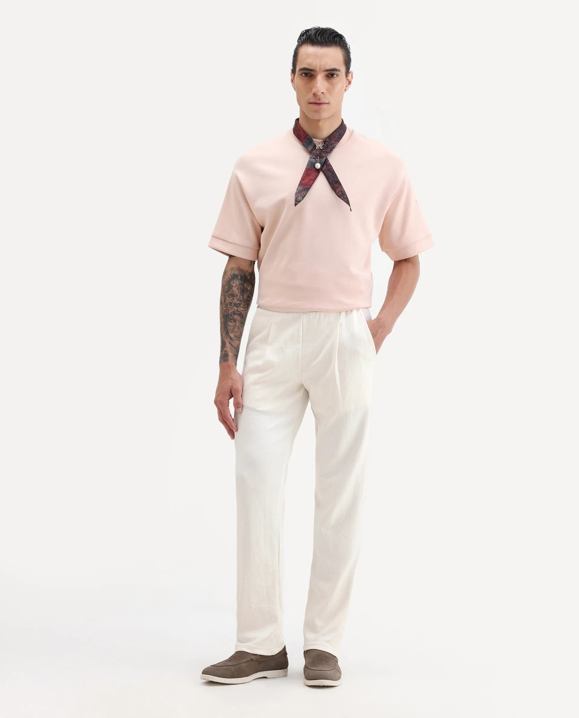 Rare Rabbit Men's Kelo Off White Cotton Blend Plain Regular Fit Trouser