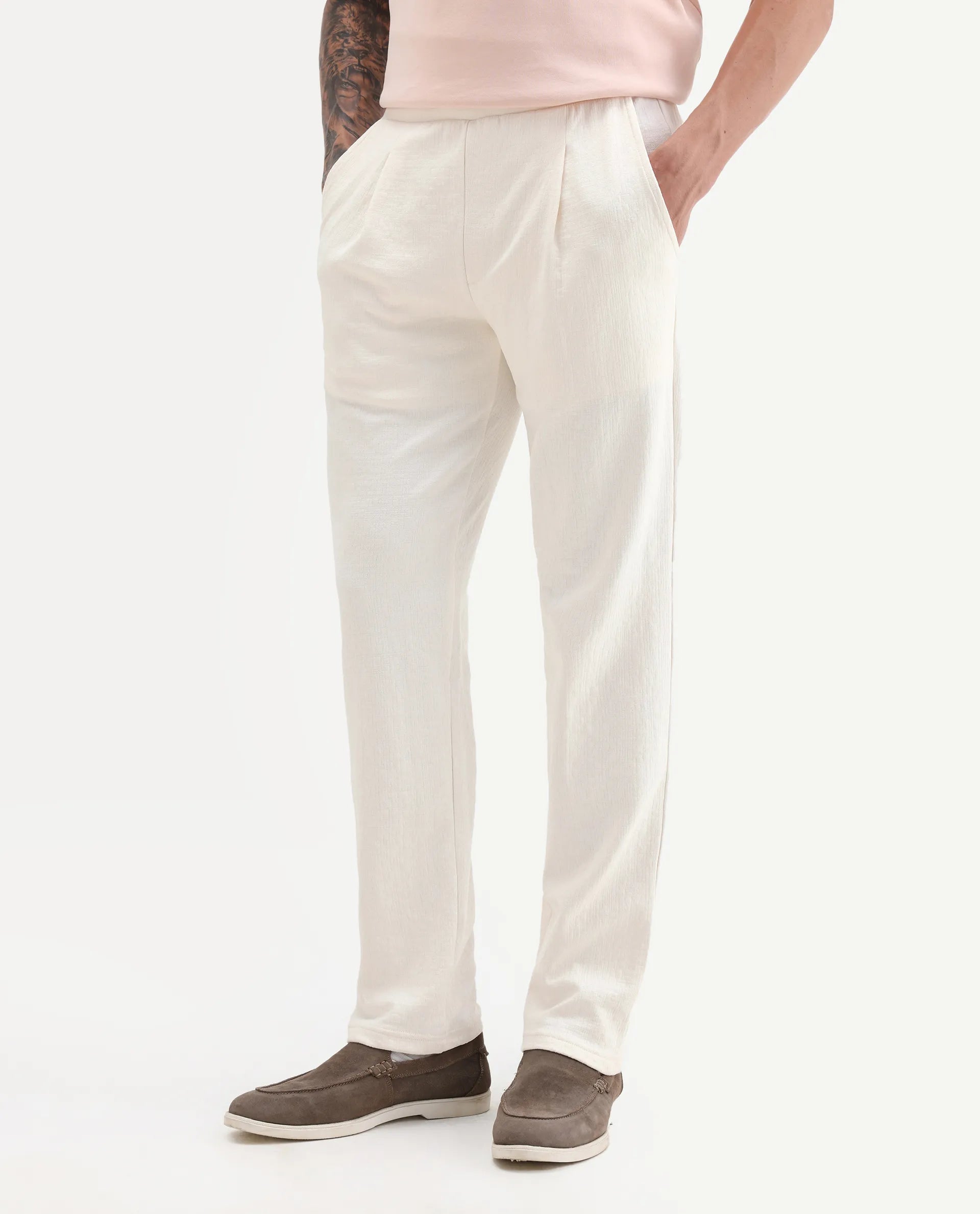 Rare Rabbit Men's Kelo Off White Cotton Blend Plain Regular Fit Trouser
