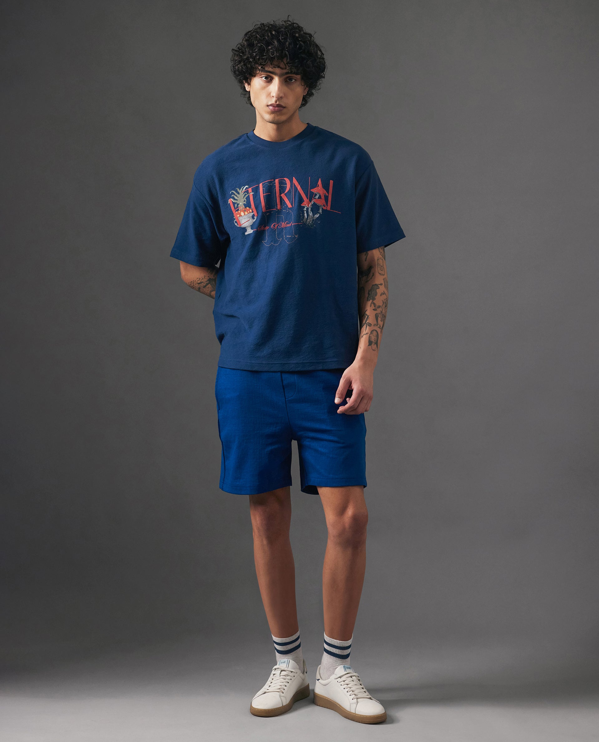 Rare Rabbit Men Kelor Blue Cotton Elastane Fabric Drawstring Closure Back Label Plain Shorts