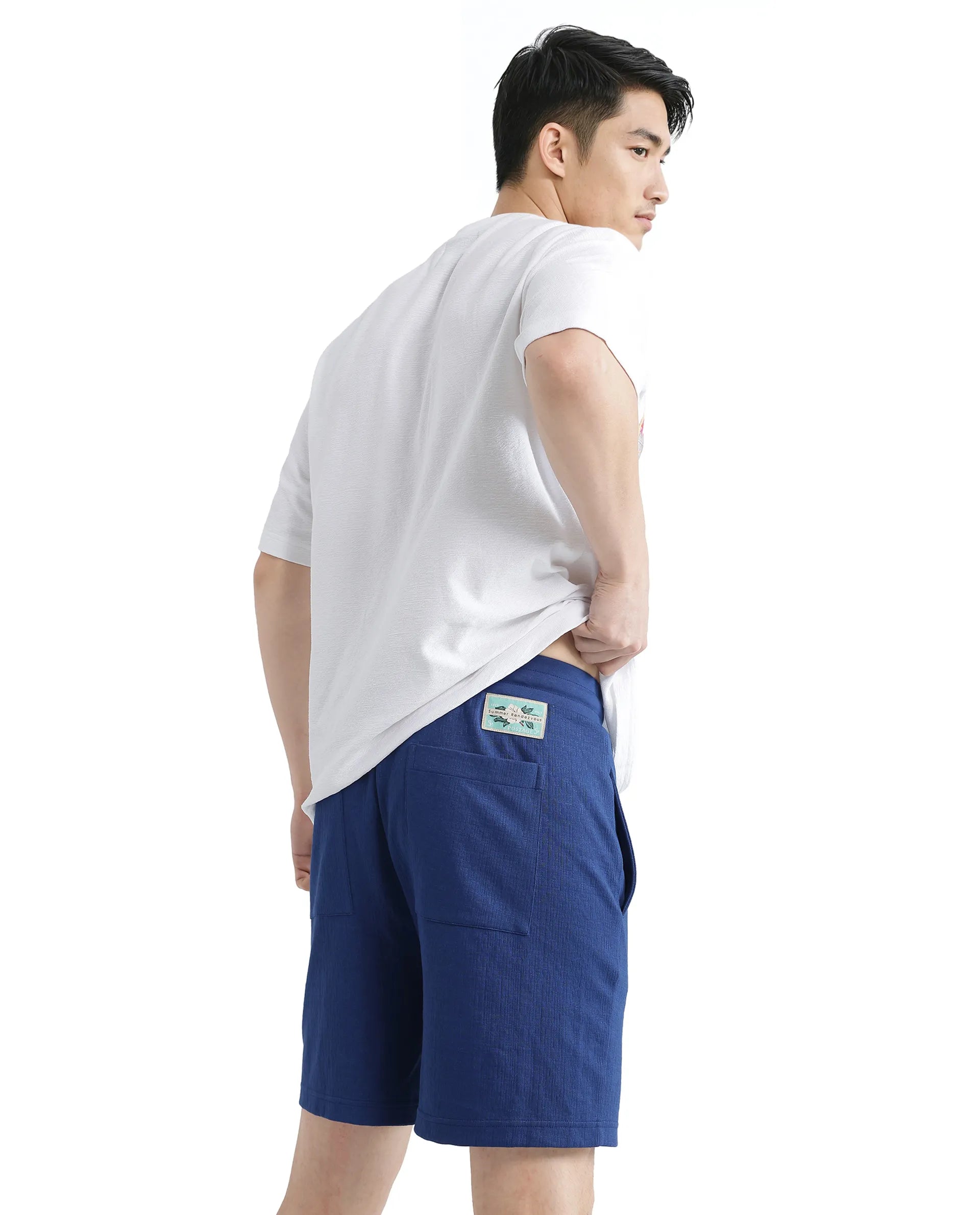 Rare Rabbit Men Kelor Blue Cotton Elastane Fabric Drawstring Closure Back Label Plain Shorts