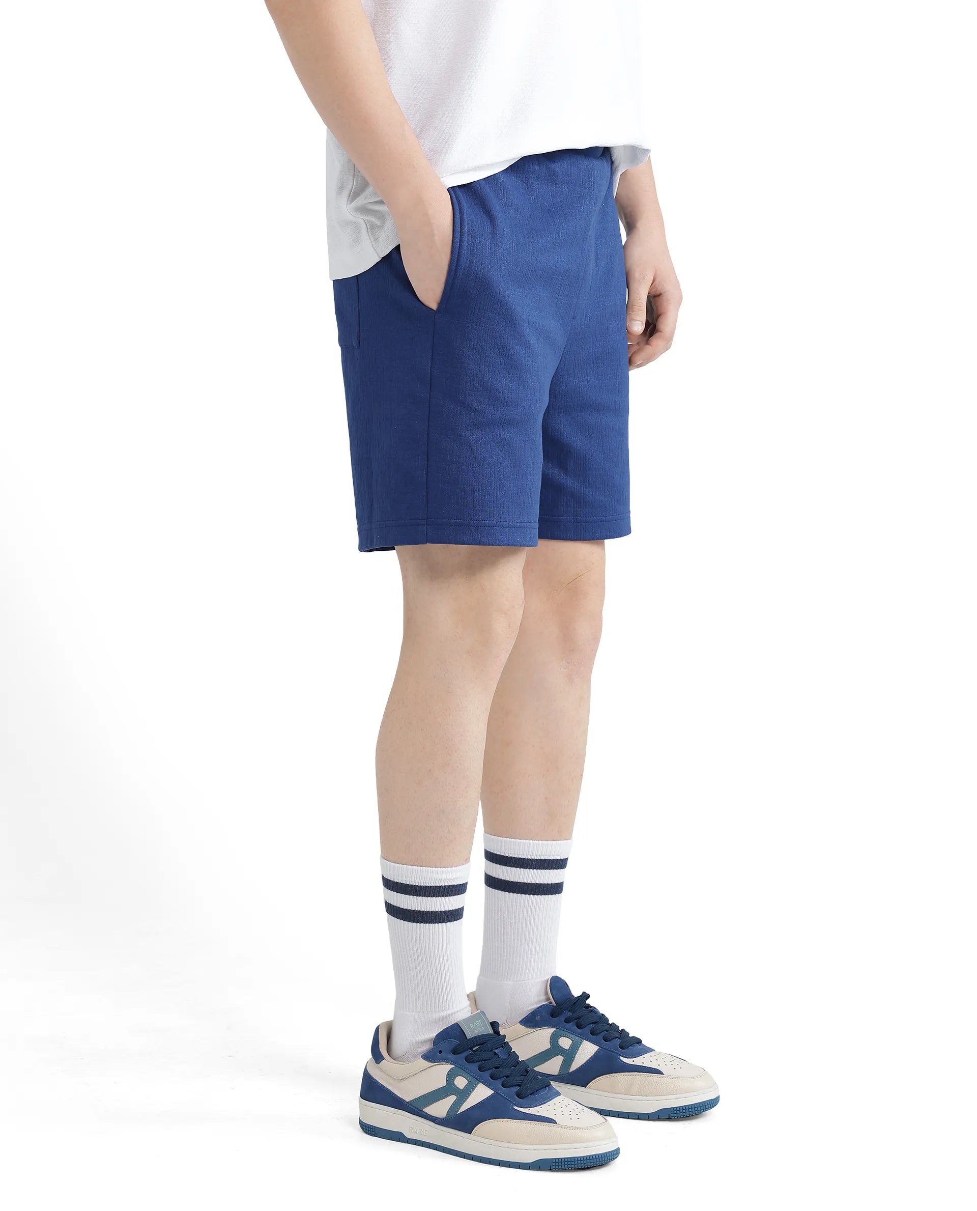Rare Rabbit Men Kelor Blue Cotton Elastane Fabric Drawstring Closure Back Label Plain Shorts