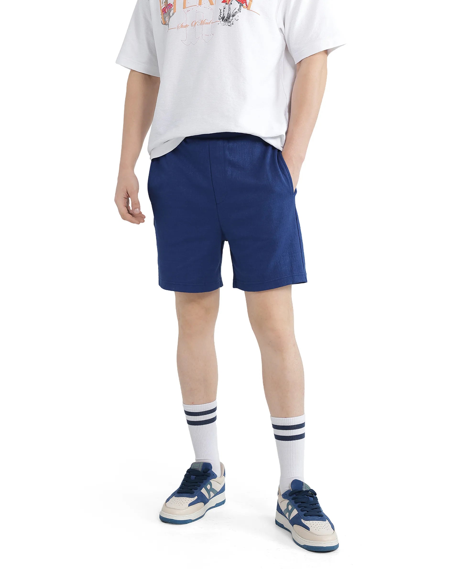 Rare Rabbit Men Kelor Blue Cotton Elastane Fabric Drawstring Closure Back Label Plain Shorts