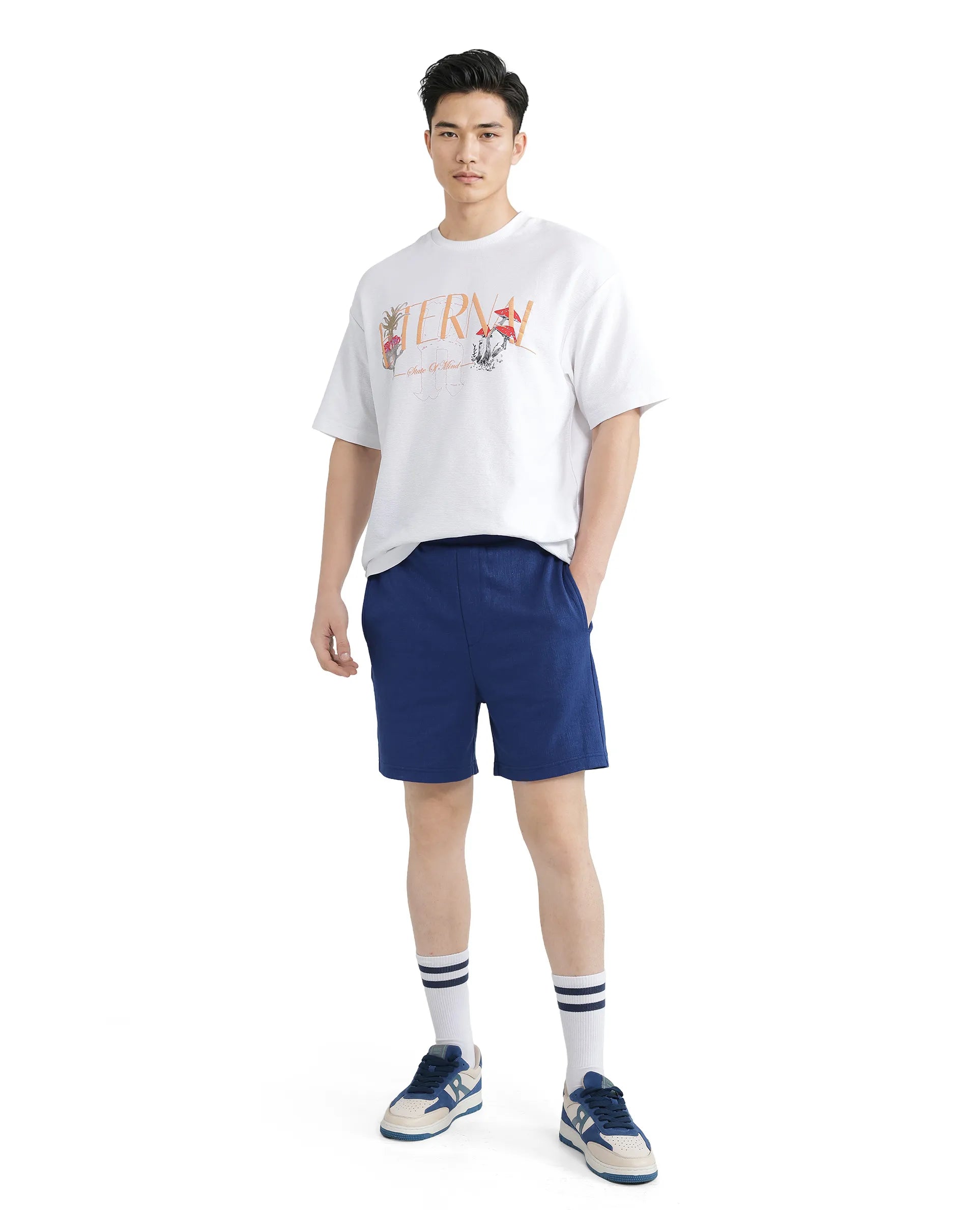 Rare Rabbit Men Kelor Blue Cotton Elastane Fabric Drawstring Closure Back Label Plain Shorts