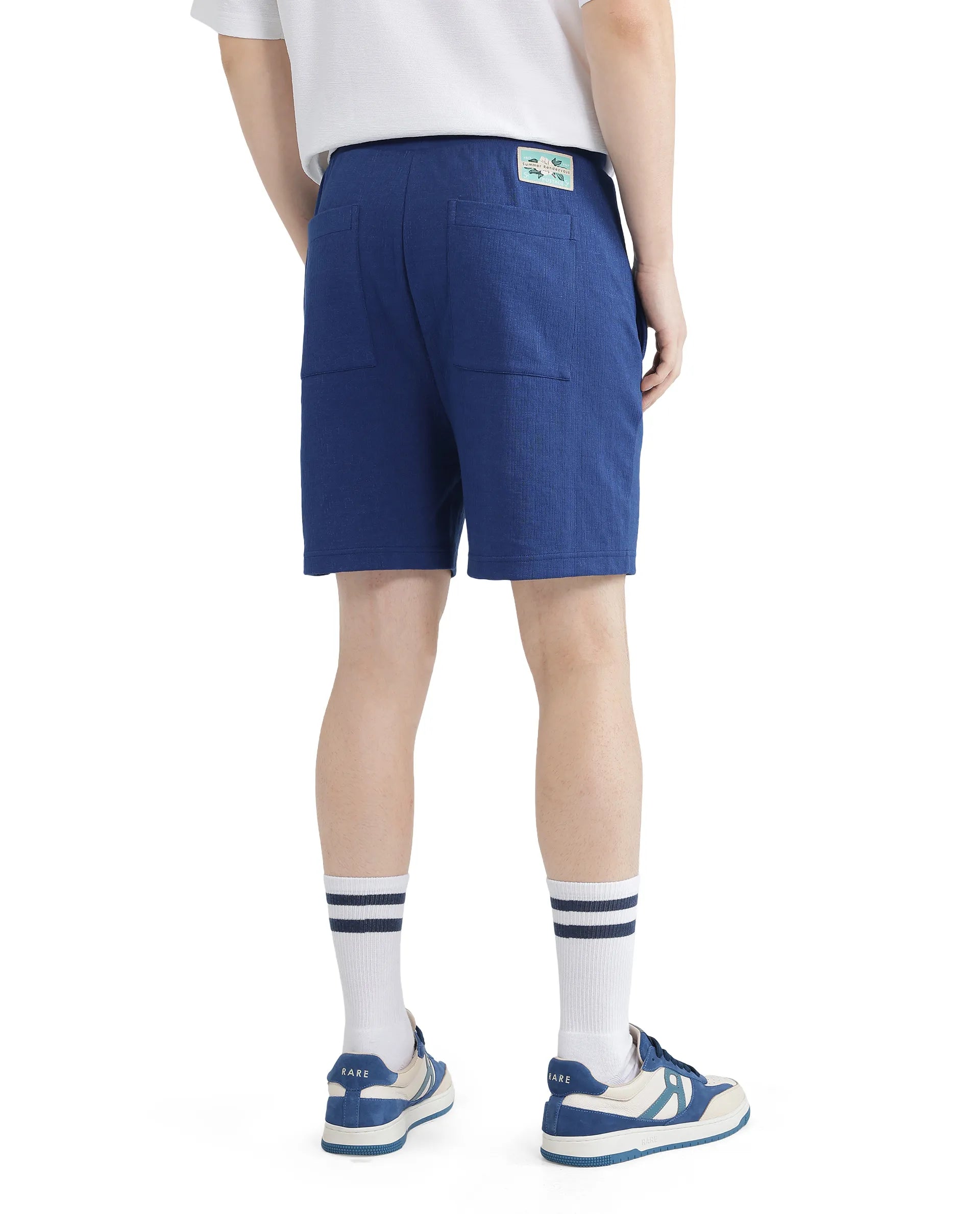 Rare Rabbit Men Kelor Blue Cotton Elastane Fabric Drawstring Closure Back Label Plain Shorts