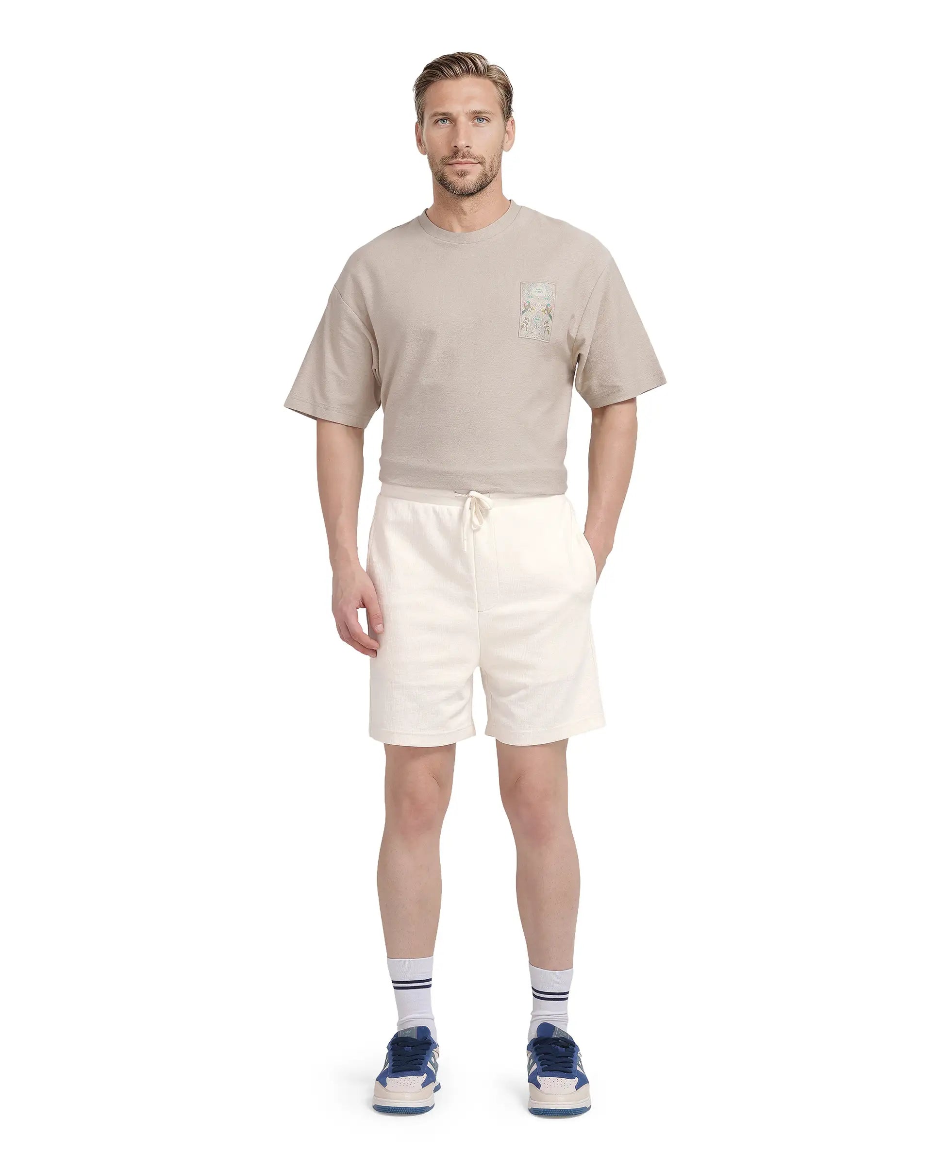 Rare Rabbit Men Kelor Off White  Cotton Elastane Fabric Drawstring Closure Back Label Plain Shorts