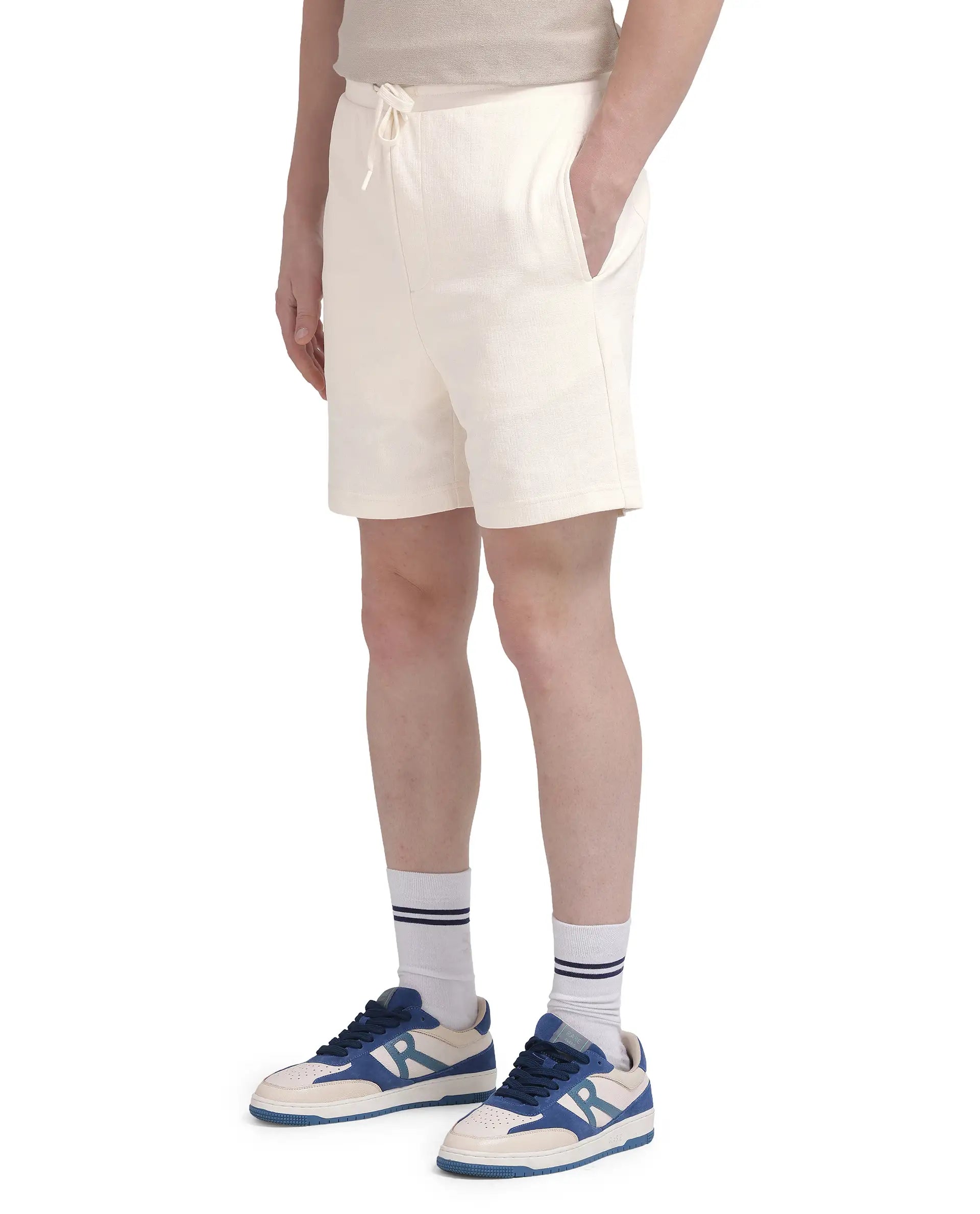 Rare Rabbit Men Kelor Off White  Cotton Elastane Fabric Drawstring Closure Back Label Plain Shorts