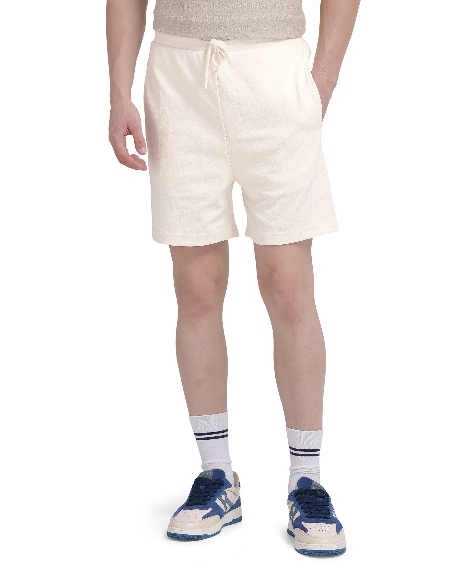Rare Rabbit Men Kelor Off White  Cotton Elastane Fabric Drawstring Closure Back Label Plain Shorts