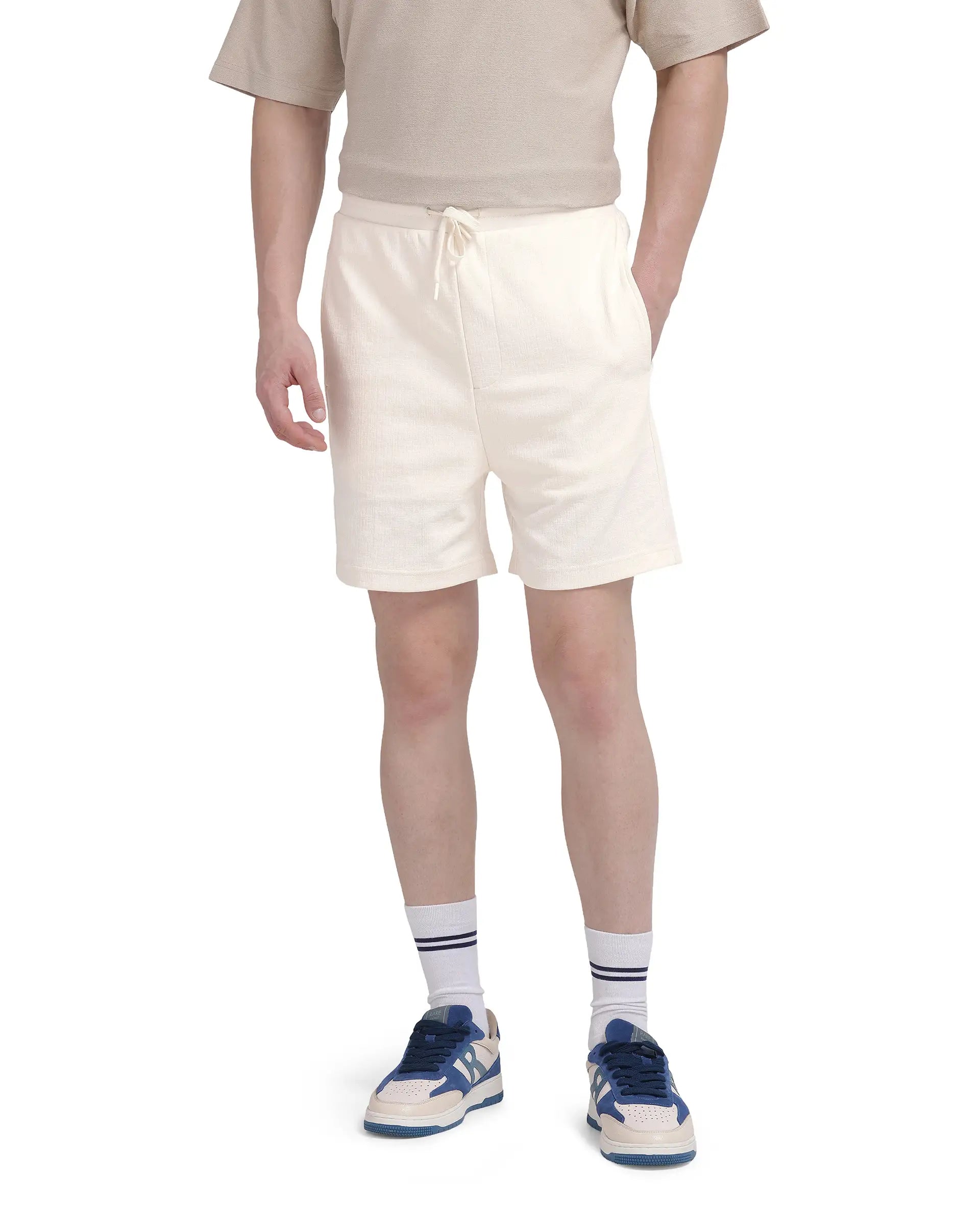 Rare Rabbit Men Kelor Off White  Cotton Elastane Fabric Drawstring Closure Back Label Plain Shorts