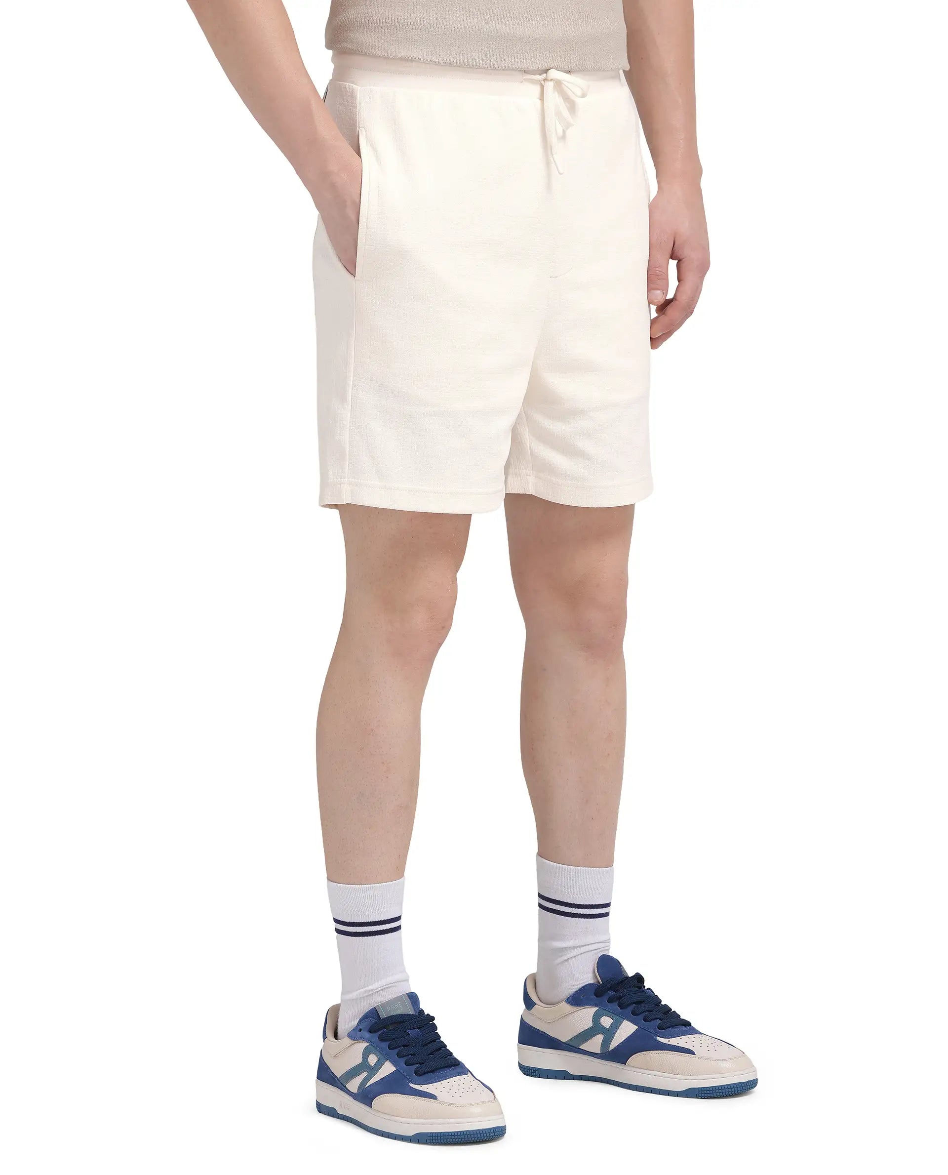 Rare Rabbit Men Kelor Off White  Cotton Elastane Fabric Drawstring Closure Back Label Plain Shorts