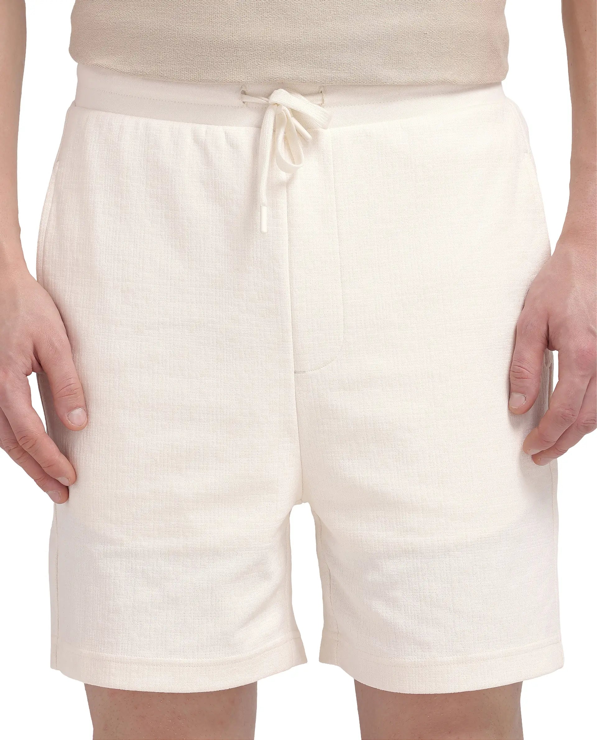 Rare Rabbit Men Kelor Off White  Cotton Elastane Fabric Drawstring Closure Back Label Plain Shorts