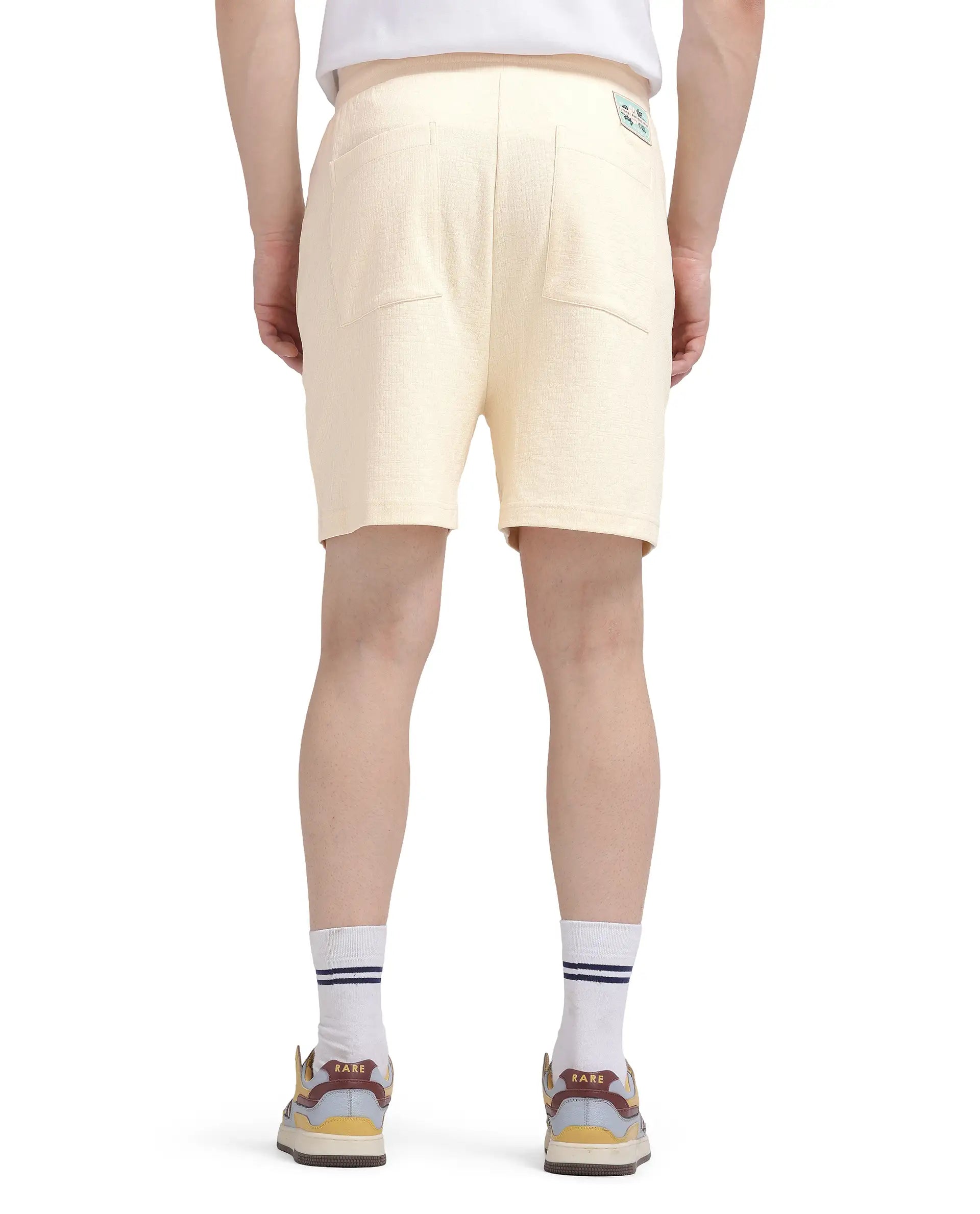 Rare Rabbit Men Kelor Pastel Yellow Cotton Elastane Fabric Drawstring Closure Back Label Plain Shorts