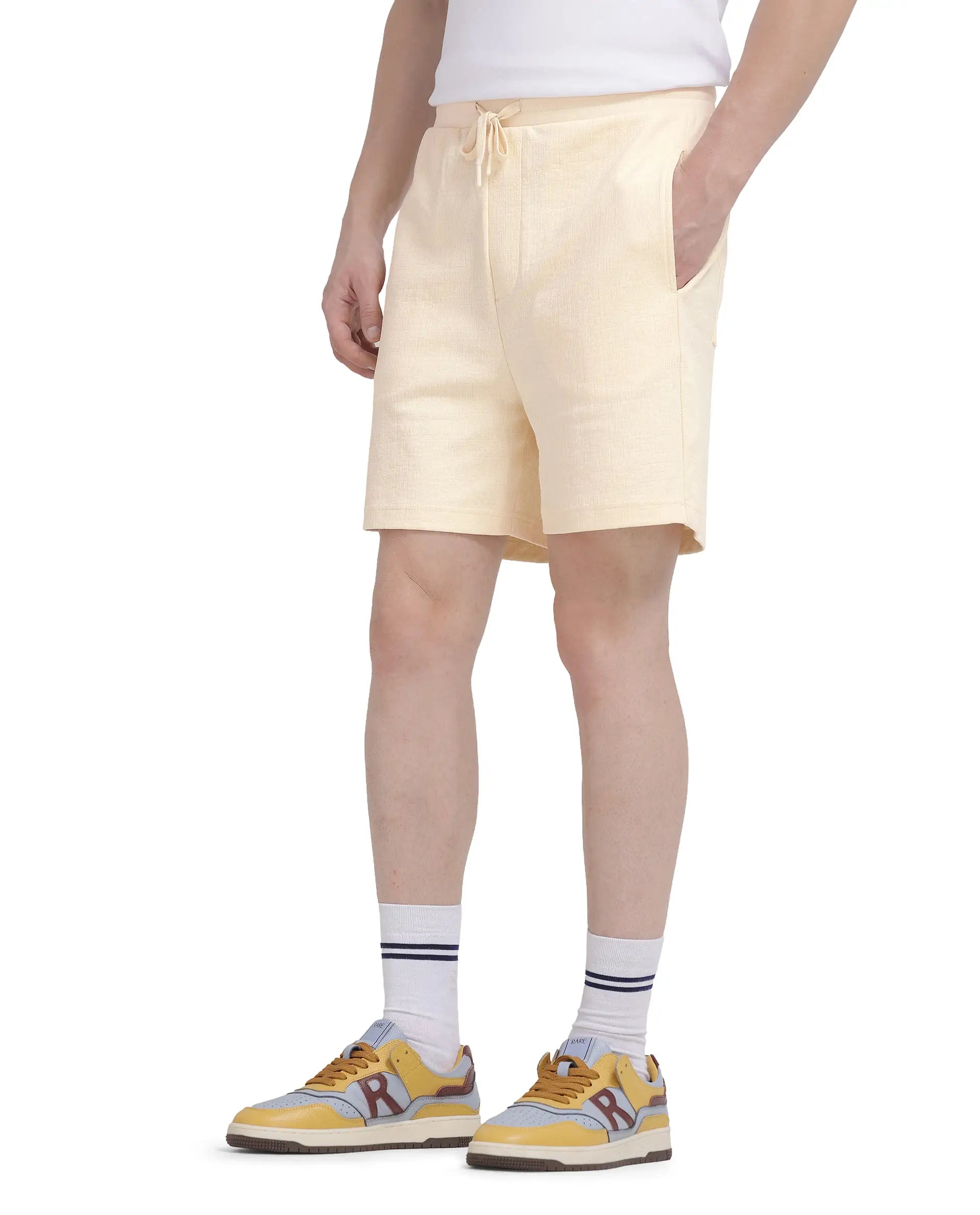 Rare Rabbit Men Kelor Pastel Yellow Cotton Elastane Fabric Drawstring Closure Back Label Plain Shorts