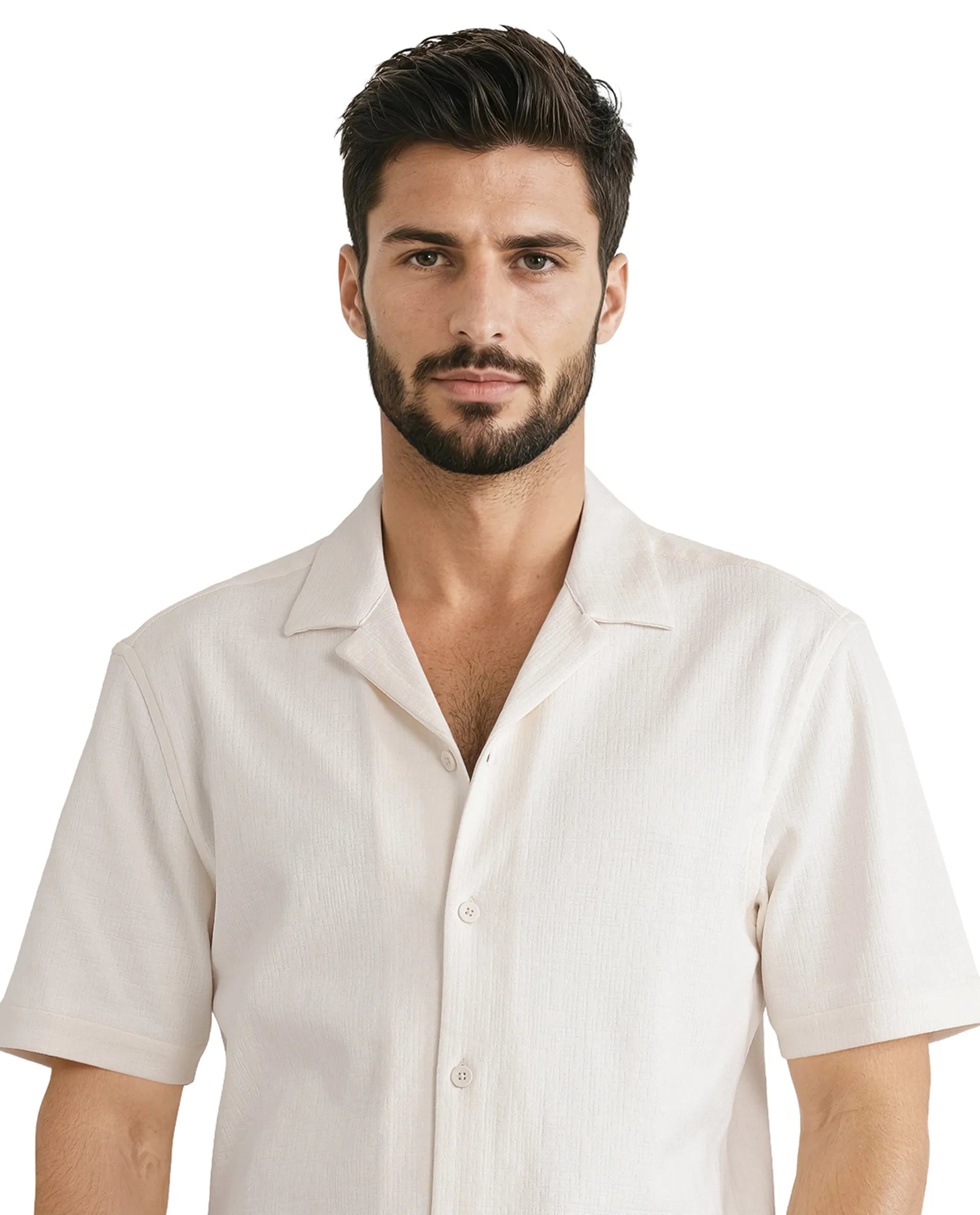 Rare Rabbit Men Kelos-Ss Off-White Short Sleeve Cuban Collared Plain Shirt