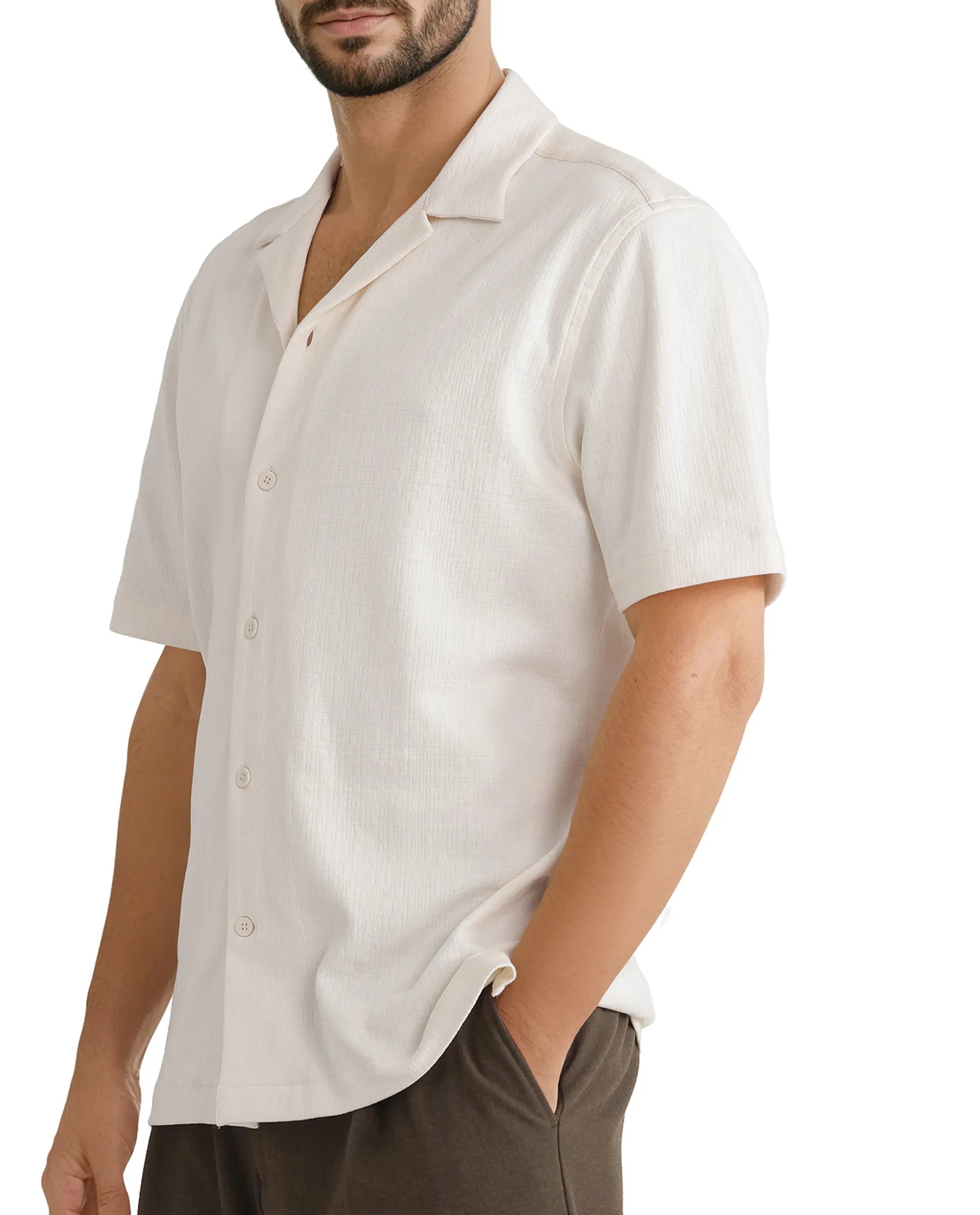 Rare Rabbit Men Kelos-Ss Off-White Short Sleeve Cuban Collared Plain Shirt