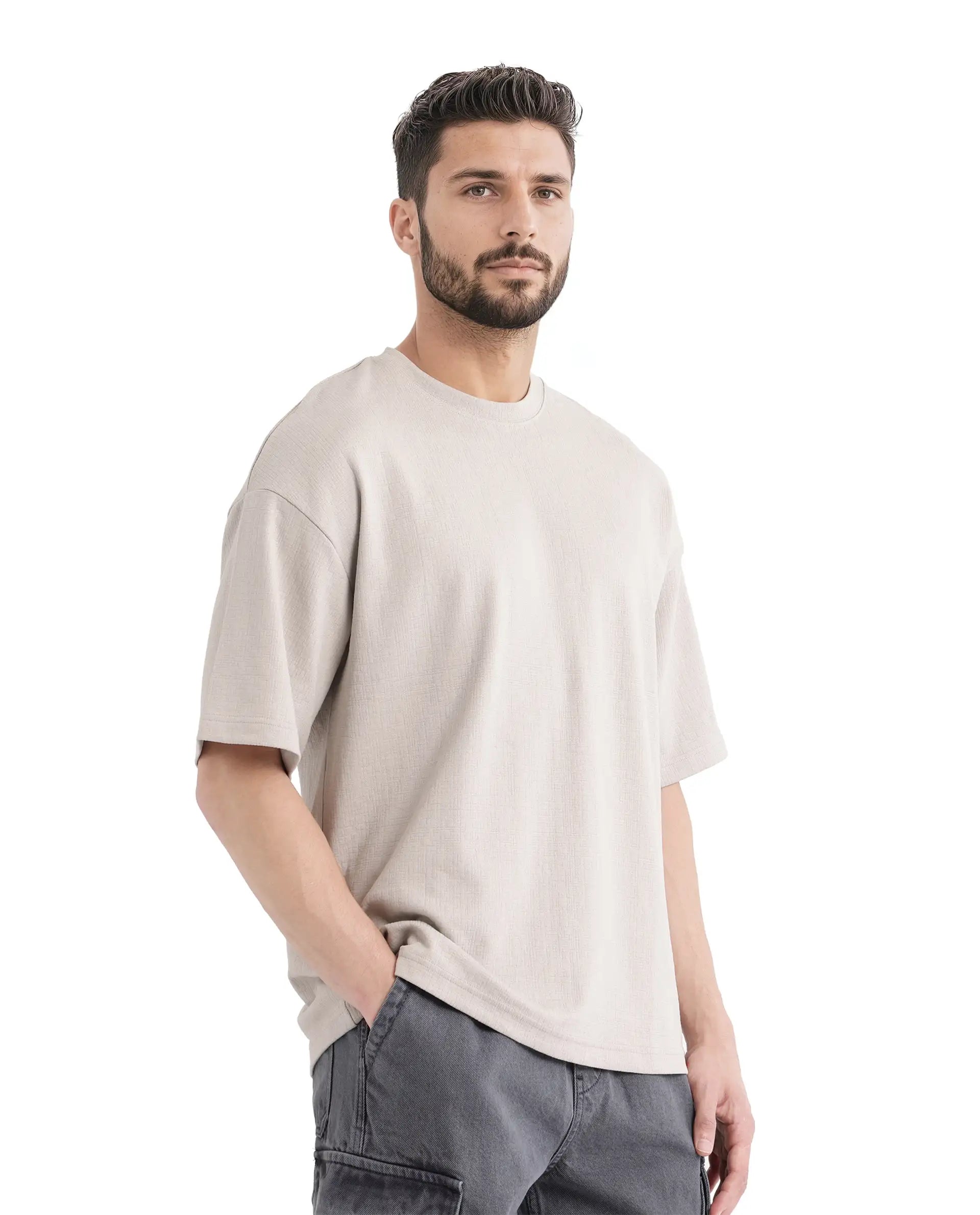 Rare Rabbit Men Kelos Light Grey Cotton Poly Fabric Short Sleeve Crew Neck Oversized Fit Cut and Sew T-Shirt