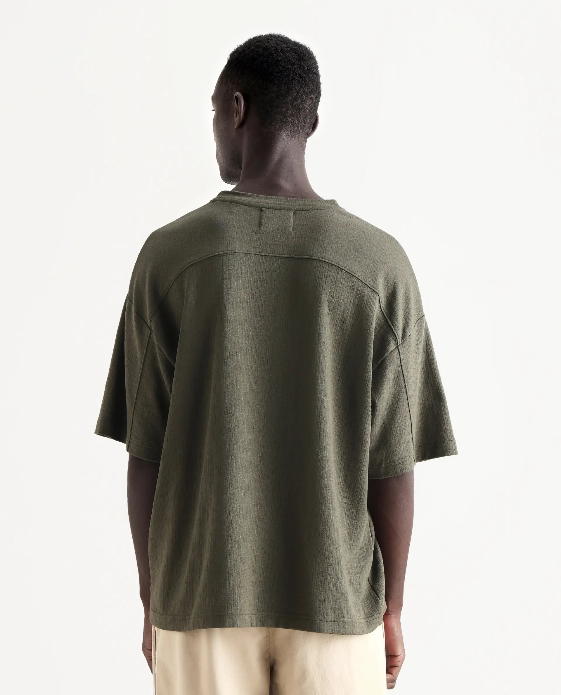 Rare Rabbit Men's Kelos Olive Cotton Blend Plain Oversized Fit Half Sleeve Crew Neck T-Shirt