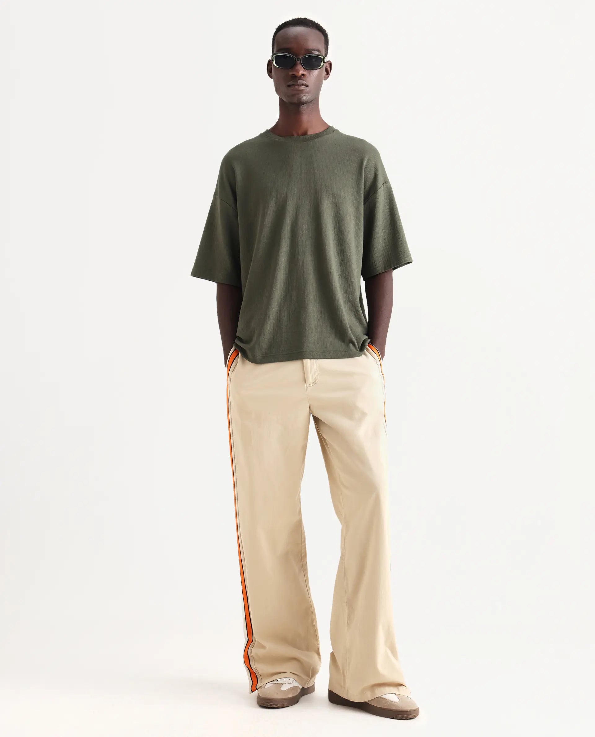 Rare Rabbit Men's Kelos Olive Cotton Blend Plain Oversized Fit Half Sleeve Crew Neck T-Shirt