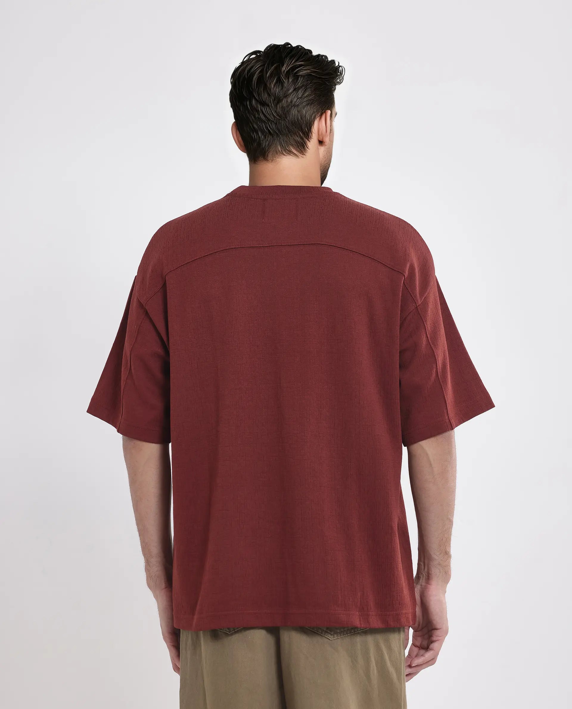 Rare Rabbit Men Kelos Rust Cotton Poly Fabric Short Sleeve Crew Neck Oversized Fit Textured T-Shirt