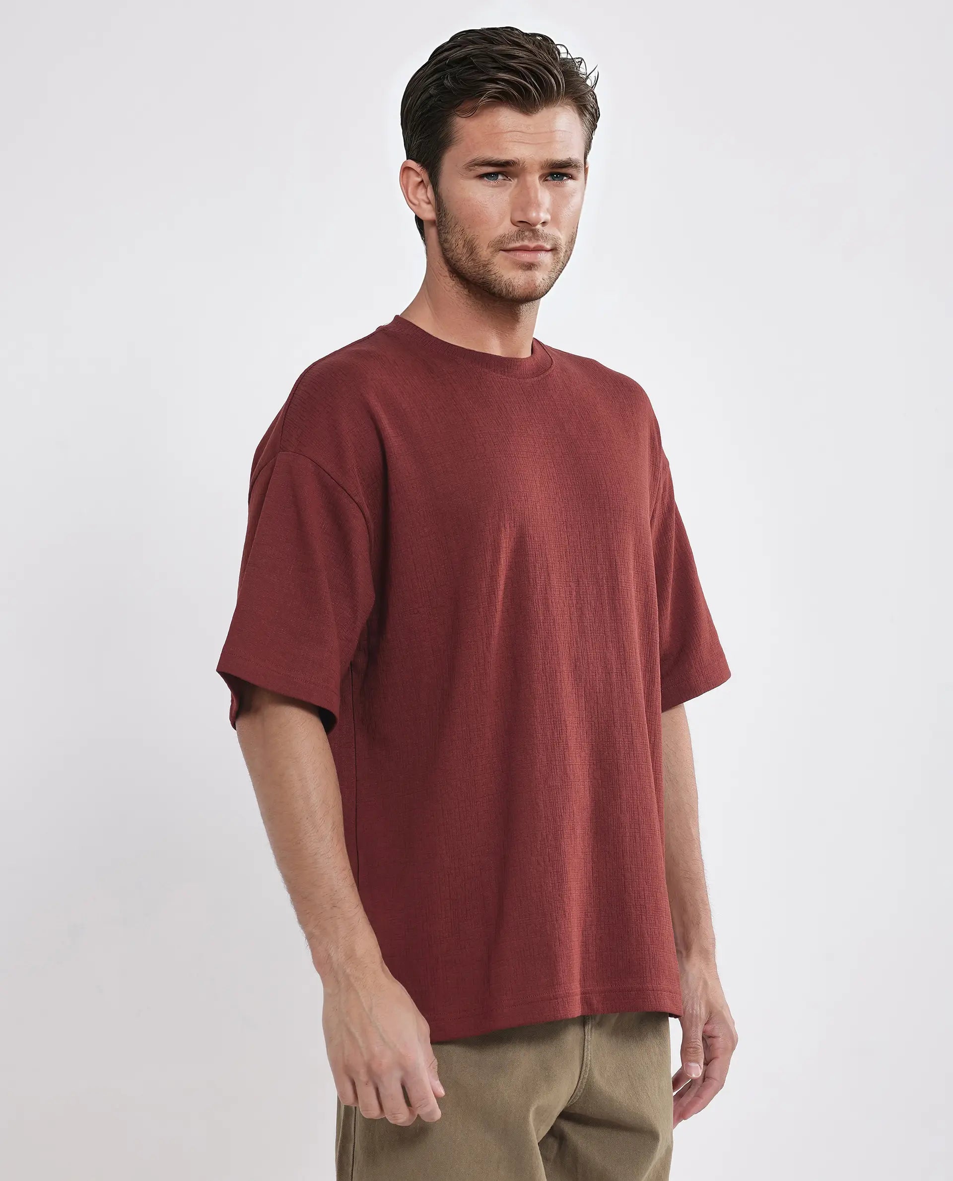 Rare Rabbit Men Kelos Rust Cotton Poly Fabric Short Sleeve Crew Neck Oversized Fit Textured T-Shirt