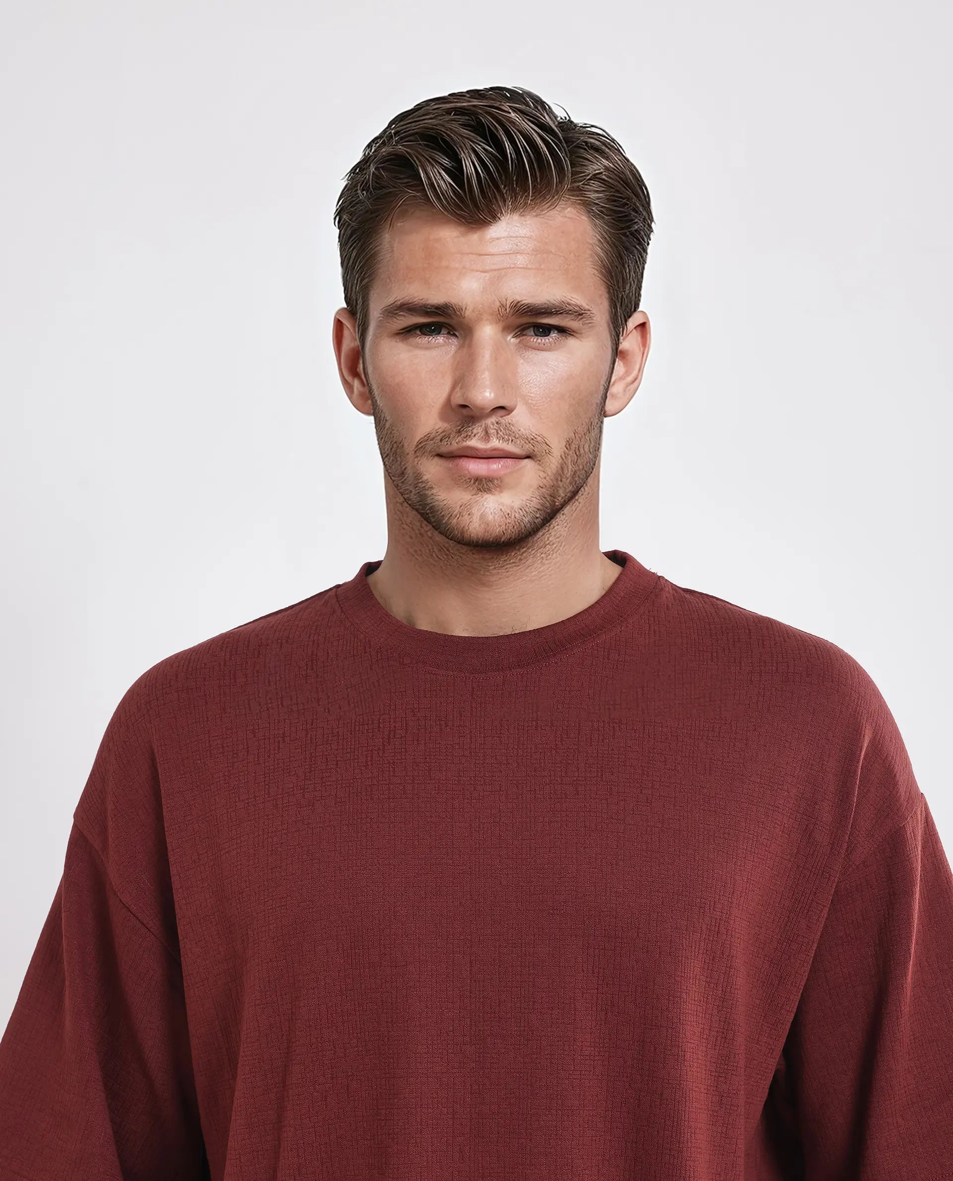 Rare Rabbit Men Kelos Rust Cotton Poly Fabric Short Sleeve Crew Neck Oversized Fit Textured T-Shirt