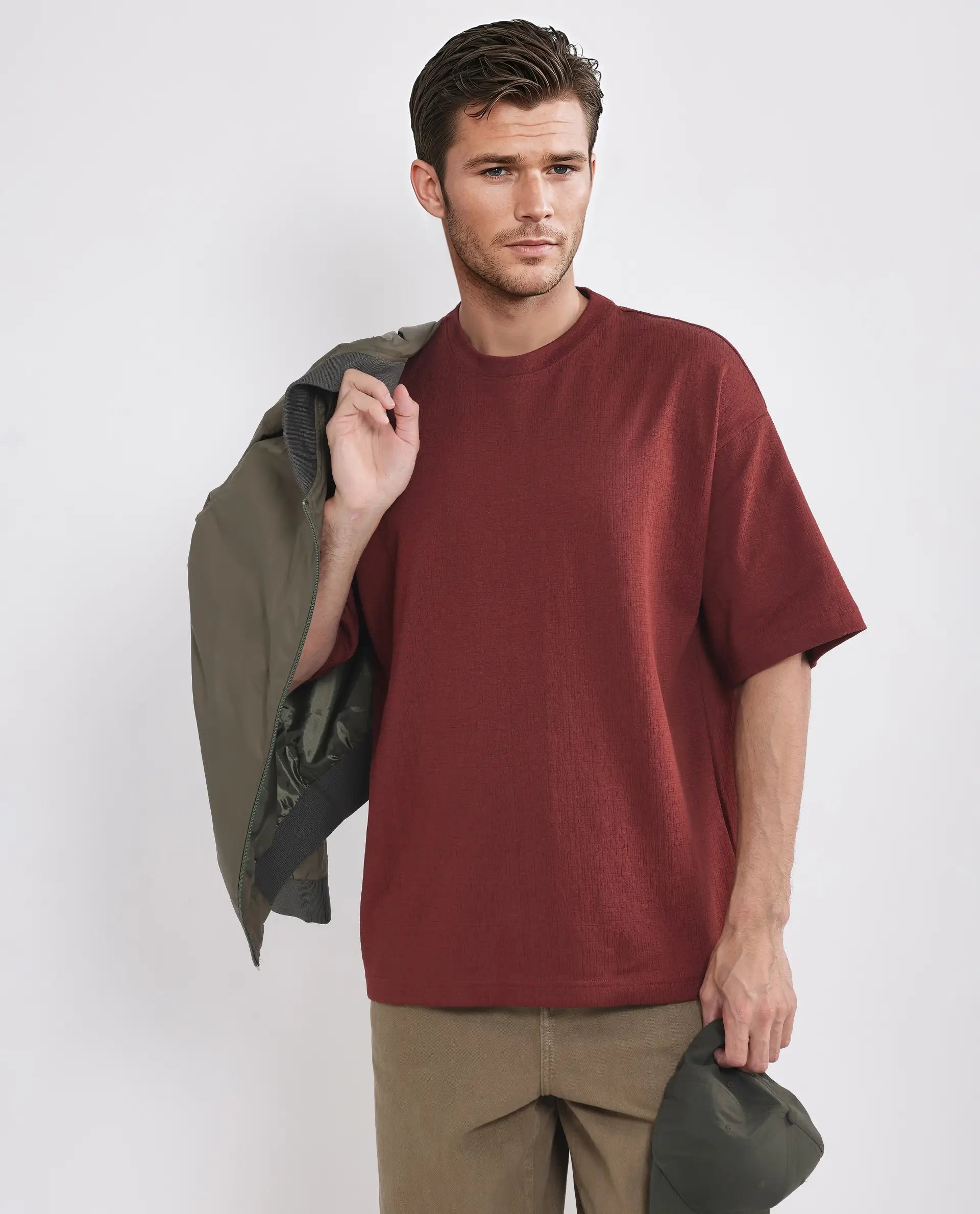 Rare Rabbit Men Kelos Rust Cotton Poly Fabric Short Sleeve Crew Neck Oversized Fit Textured T-Shirt