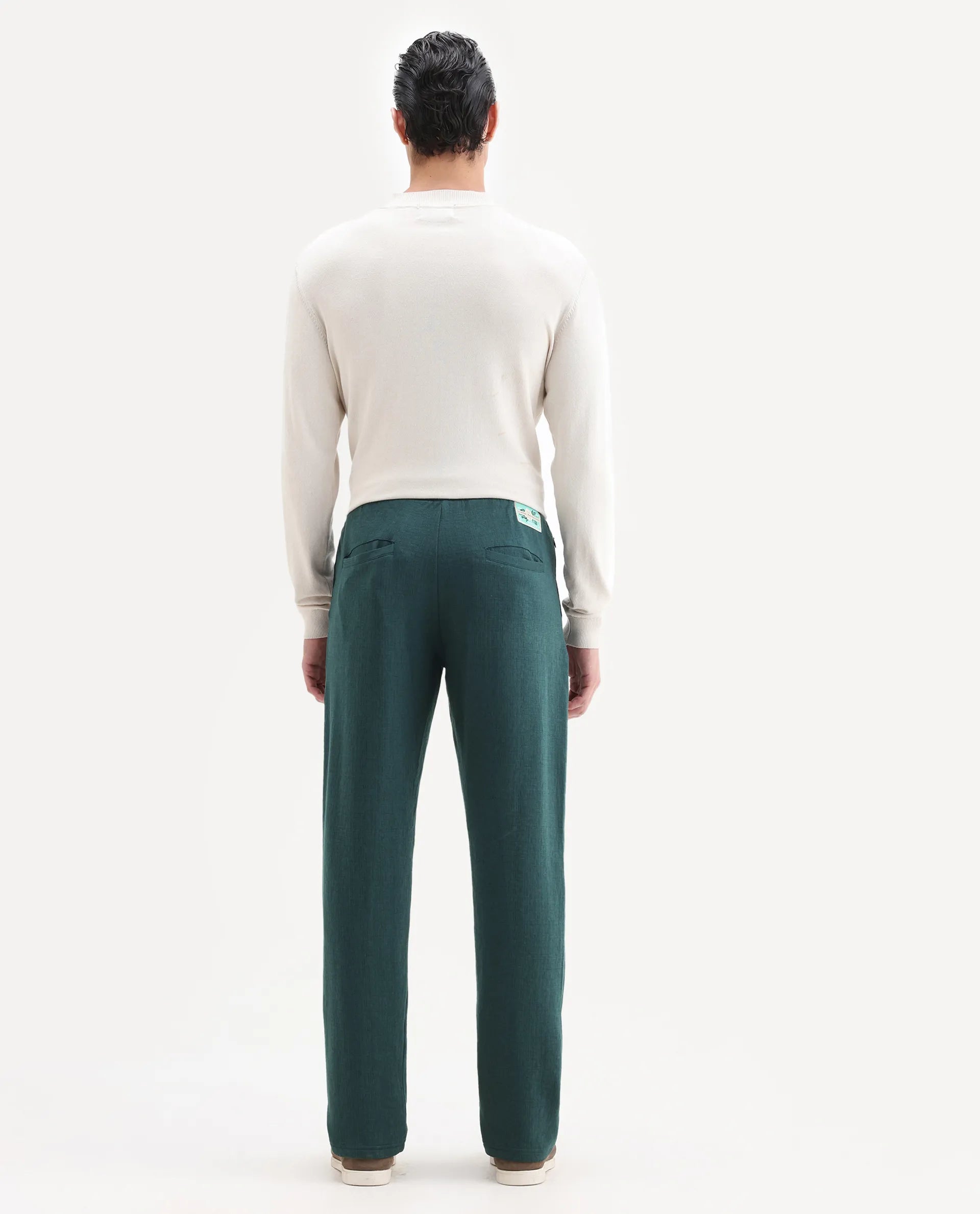 Rare Rabbit Men's Kelo Teal Cotton Blend Plain Regular Fit Trouser