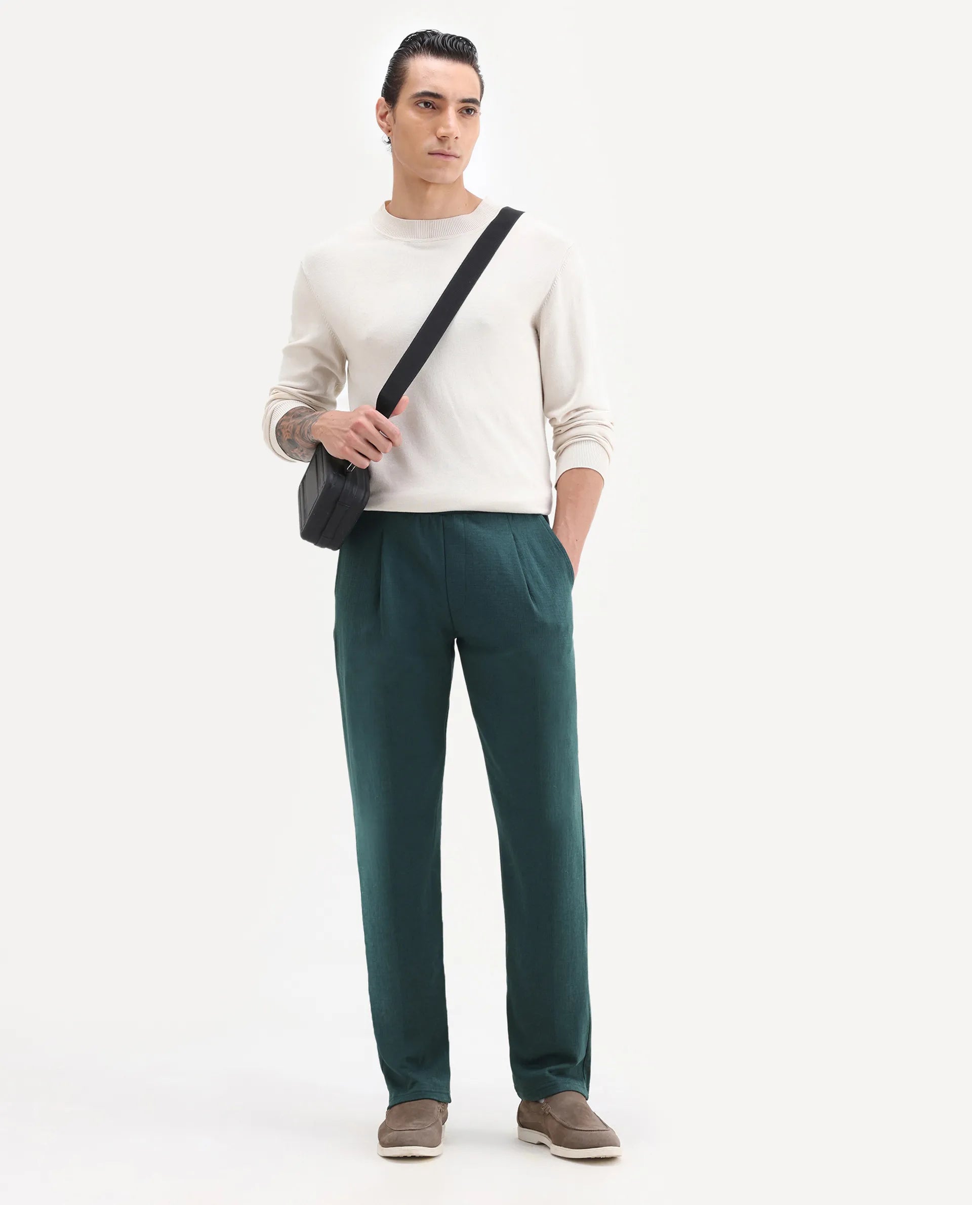 Rare Rabbit Men's Kelo Teal Cotton Blend Plain Regular Fit Trouser