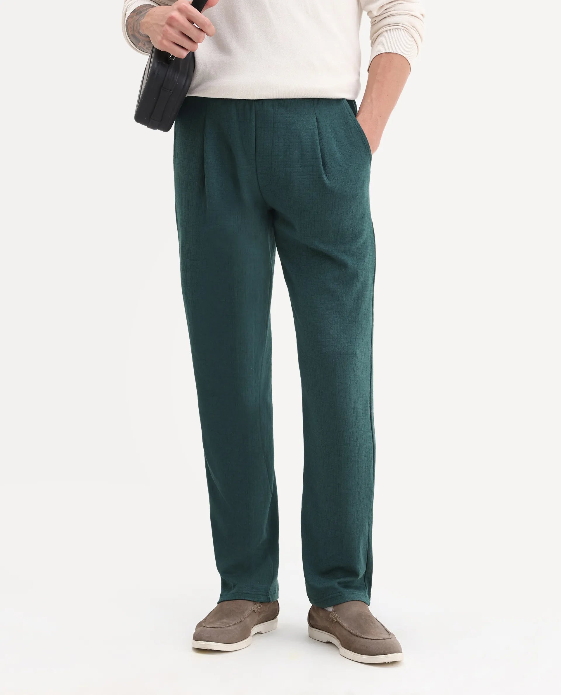Rare Rabbit Men's Kelo Teal Cotton Blend Plain Regular Fit Trouser